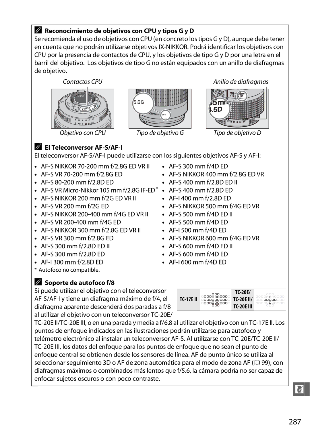 Nikon D600 287, Reconocimiento de objetivos con CPU y tipos G y D, El Teleconversor AF-S/AF-I, Soporte de autofoco f/8 