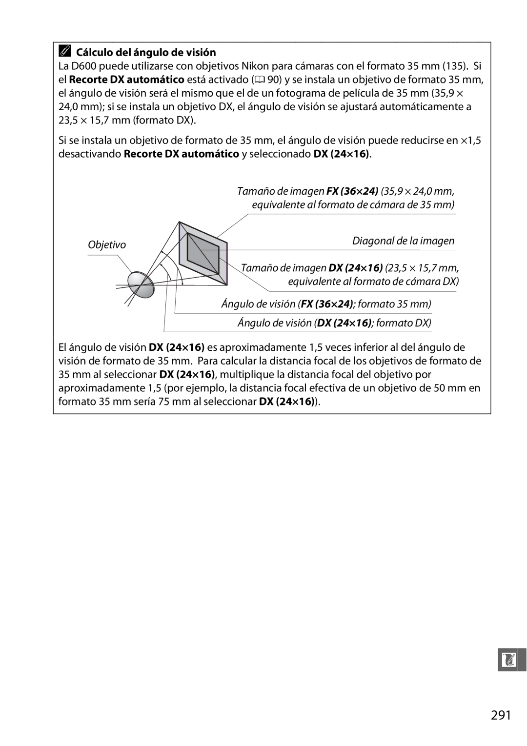 Nikon D600 manual 291, Cálculo del ángulo de visión 