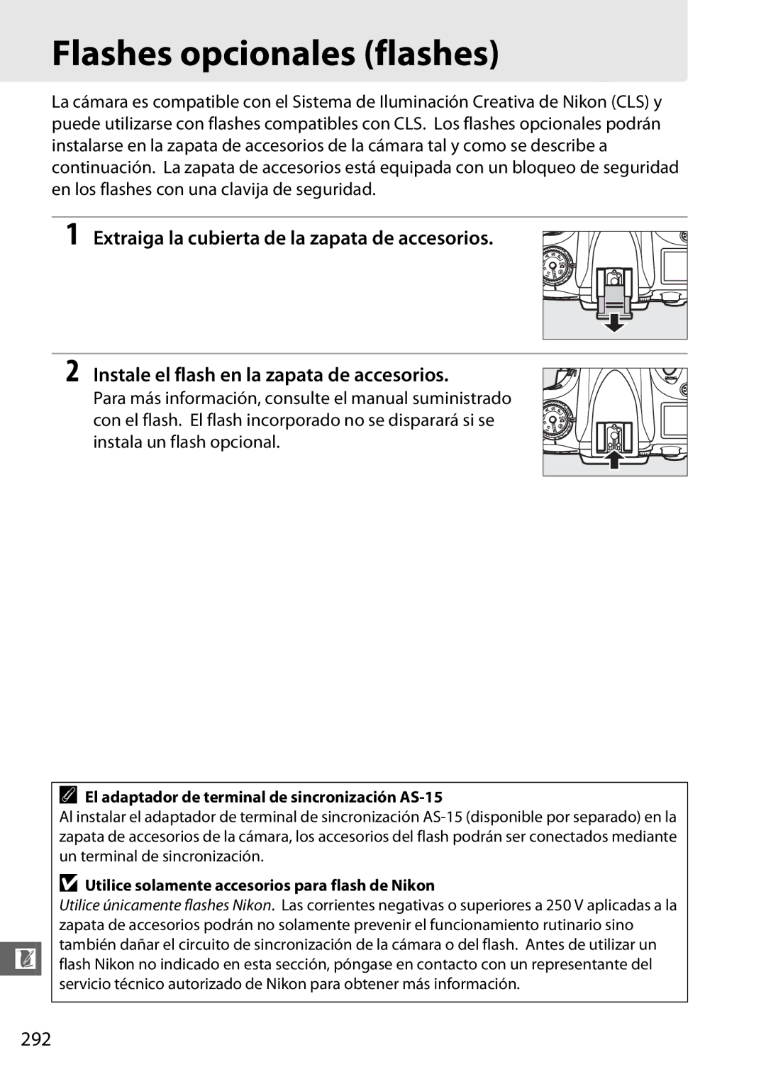 Nikon D600 manual Flashes opcionales flashes, 292, El adaptador de terminal de sincronización AS-15 