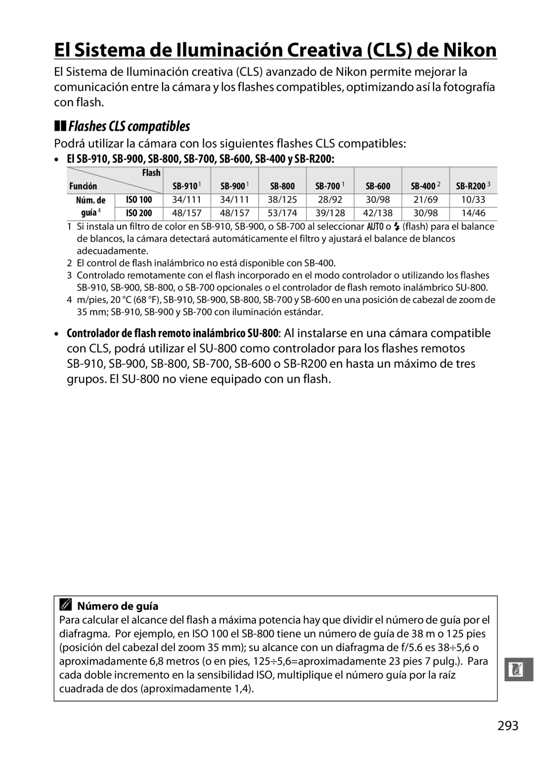 Nikon D600 manual Flashes CLS compatibles, 293, Número de guía 