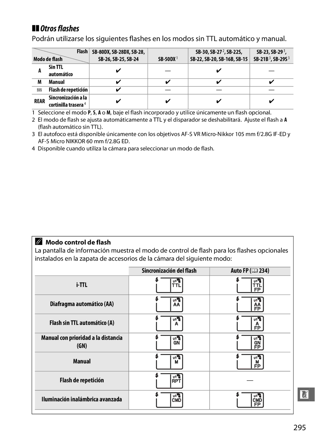 Nikon D600 manual Otros flashes, 295, SB-50DX, Sin TTL Automático Manual 