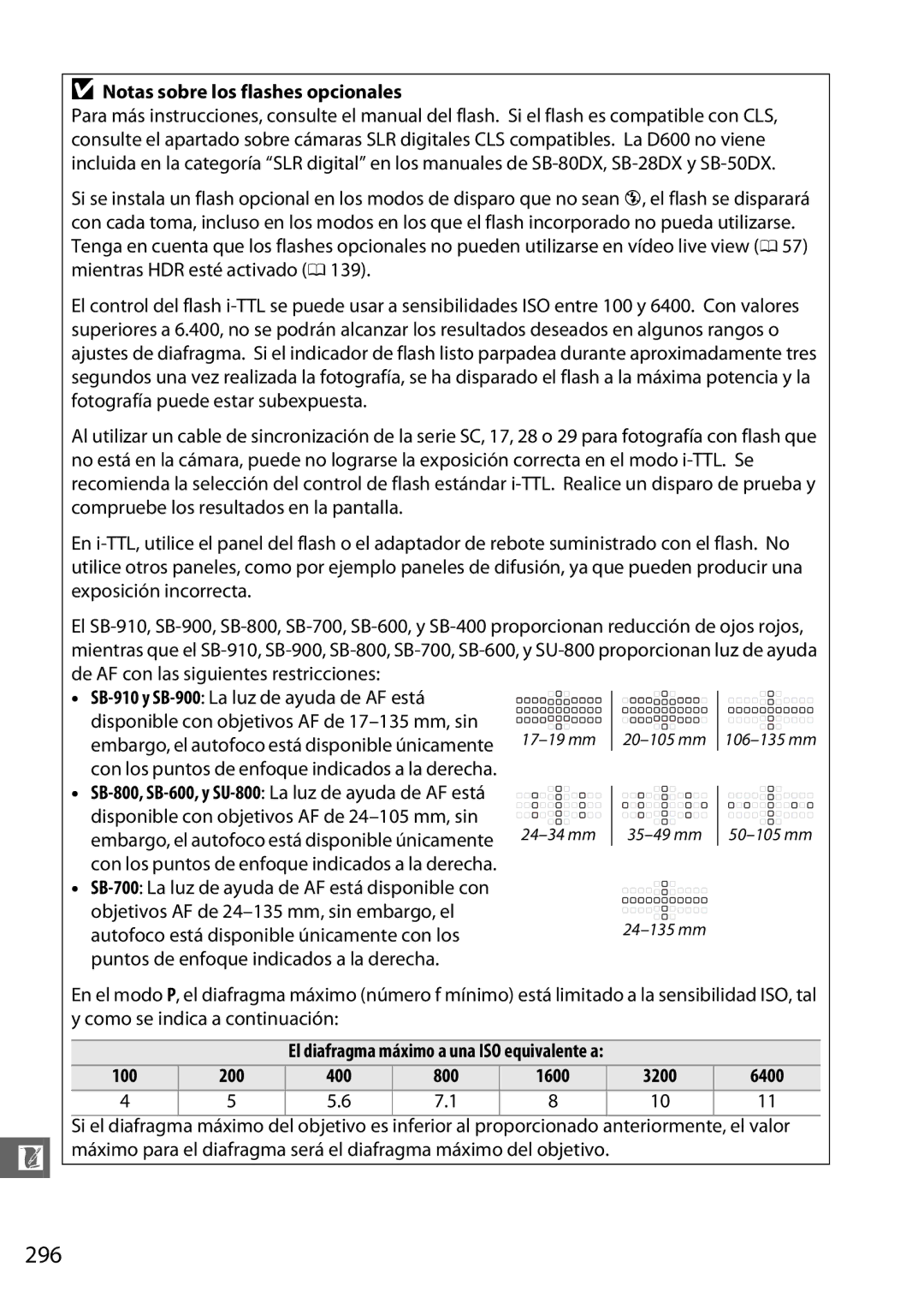 Nikon D600 manual 296, Notas sobre los flashes opcionales, Con los puntos de enfoque indicados a la derecha 