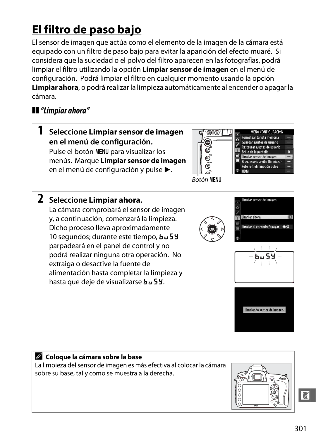 Nikon D600 manual El filtro de paso bajo, Seleccione Limpiar ahora, 301 