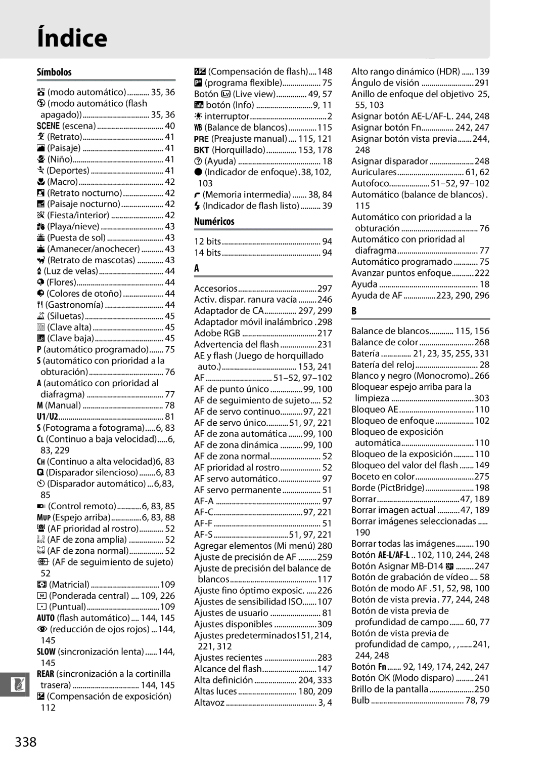 Nikon D600 manual Índice, 338, Símbolos, Numéricos 