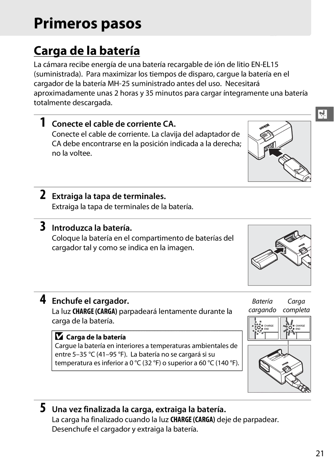 Nikon D600 manual Primeros pasos, Carga de la batería 