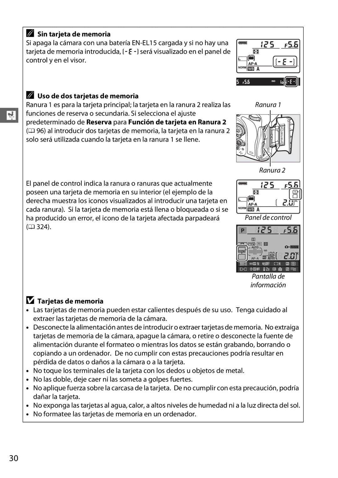 Nikon D600 manual Sin tarjeta de memoria, Uso de dos tarjetas de memoria, Tarjetas de memoria 