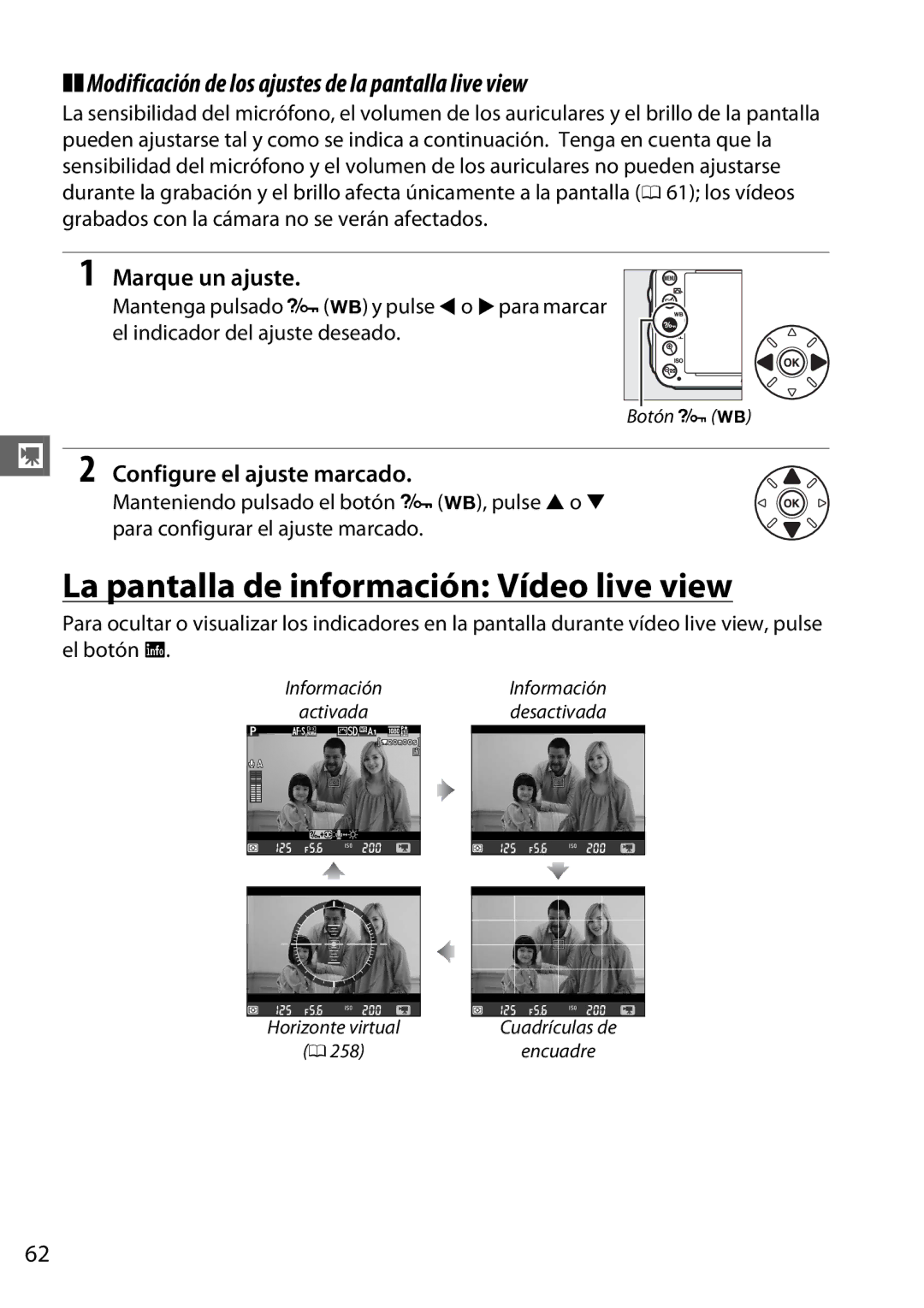 Nikon D600 manual La pantalla de información Vídeo live view, Modificación de los ajustes de la pantalla live view 