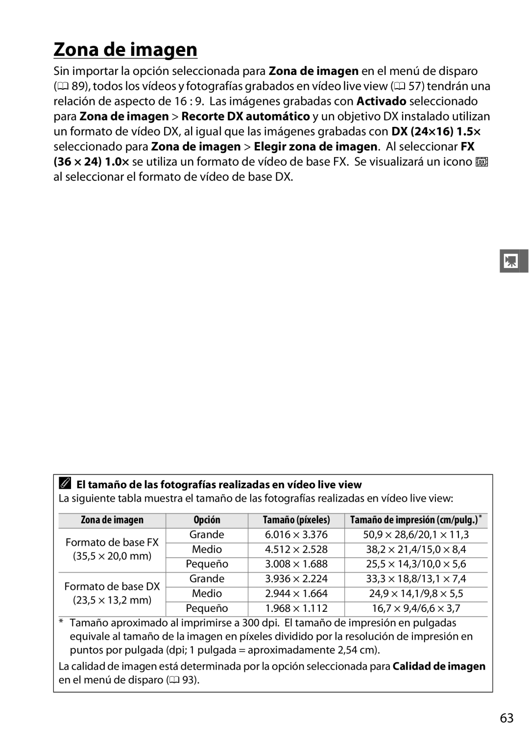 Nikon D600 manual El tamaño de las fotografías realizadas en vídeo live view, Zona de imagen Opción 