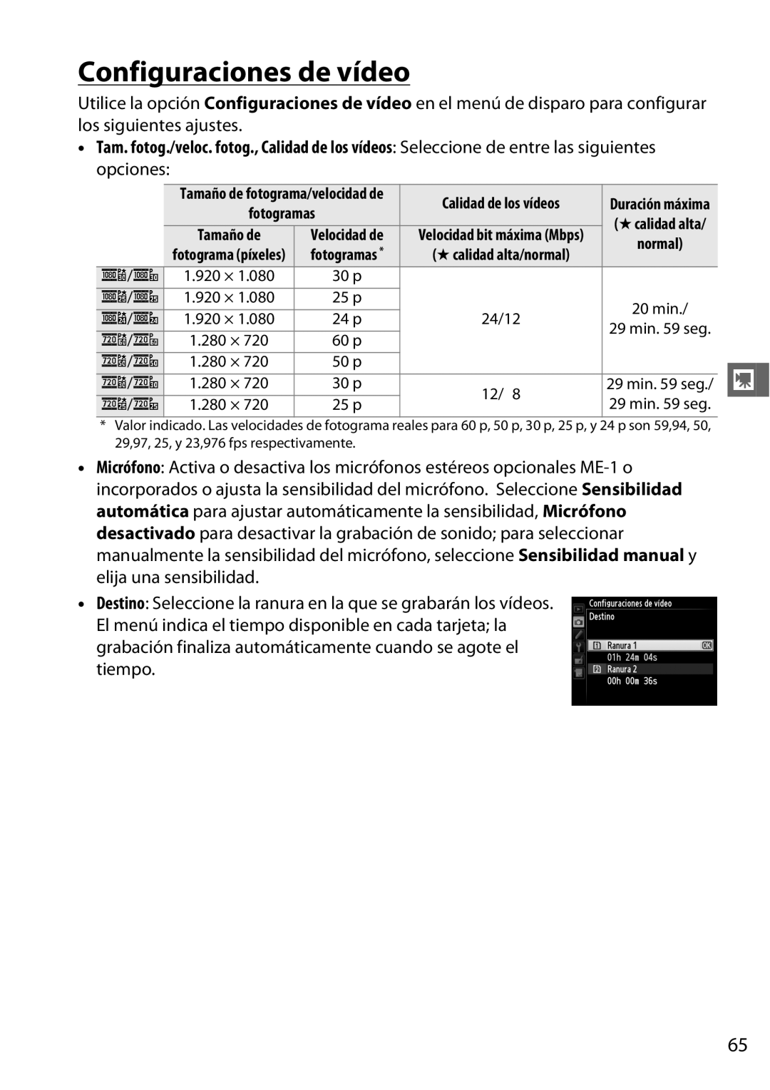 Nikon D600 manual Configuraciones de vídeo, 24/12 