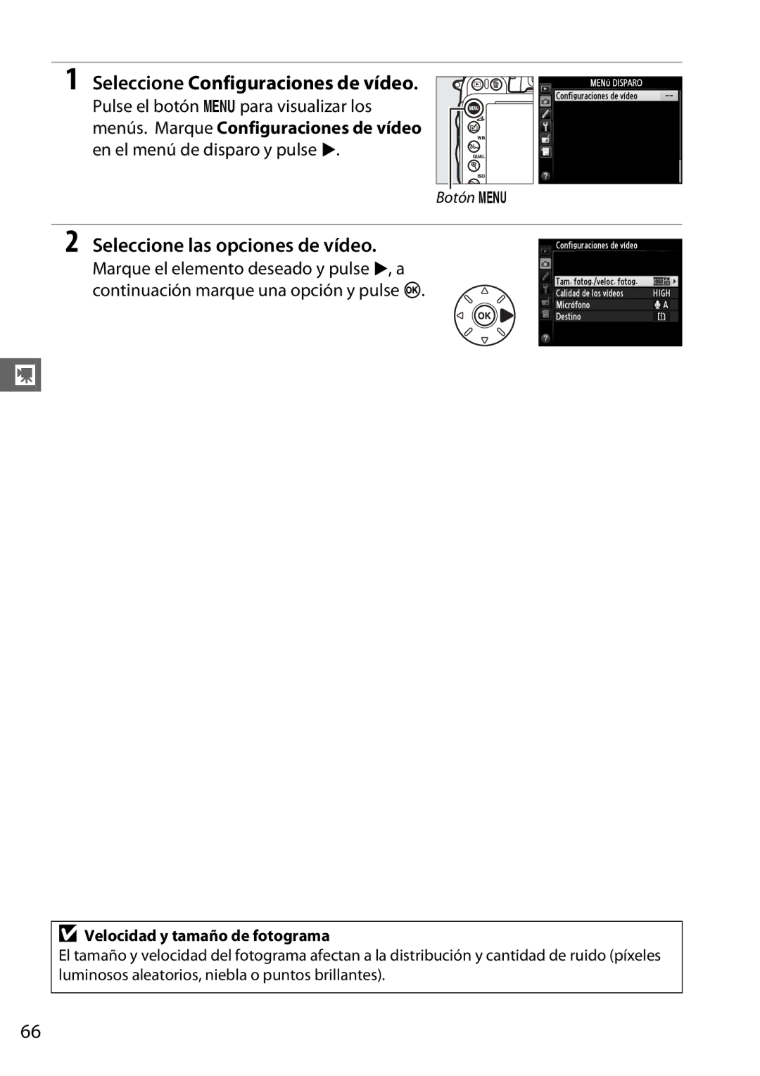 Nikon D600 manual Seleccione las opciones de vídeo, Velocidad y tamaño de fotograma 
