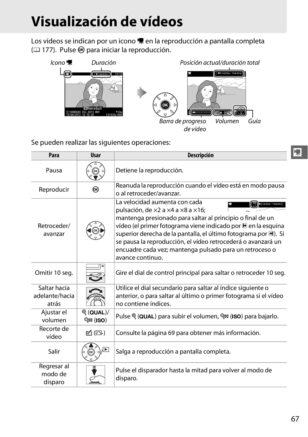 Nikon D600 manual Visualización de vídeos, Se pueden realizar las siguientes operaciones 