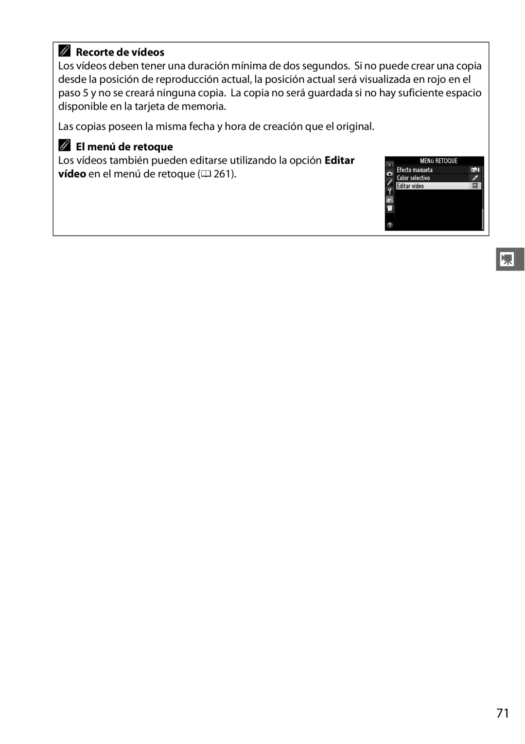 Nikon D600 manual Recorte de vídeos, El menú de retoque 