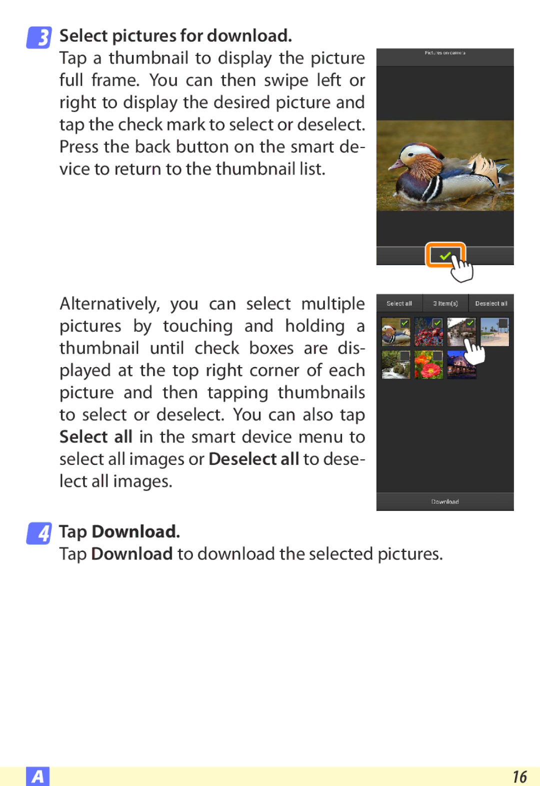 Nikon D600 user manual Select pictures for download, Tap Download 