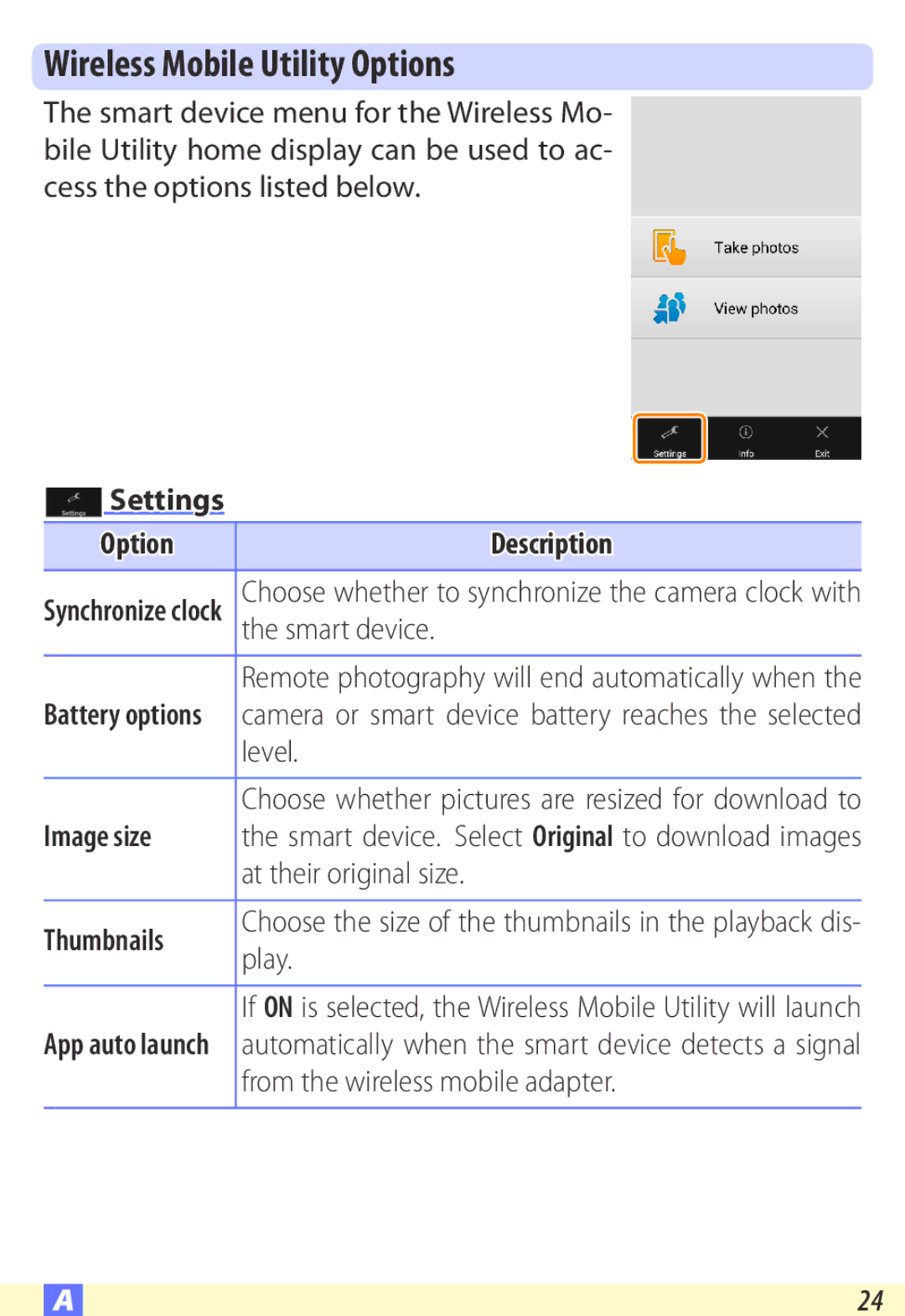 Nikon D600 user manual Wireless Mobile Utility Options,  Settings Option Description, Image size, Thumbnails 