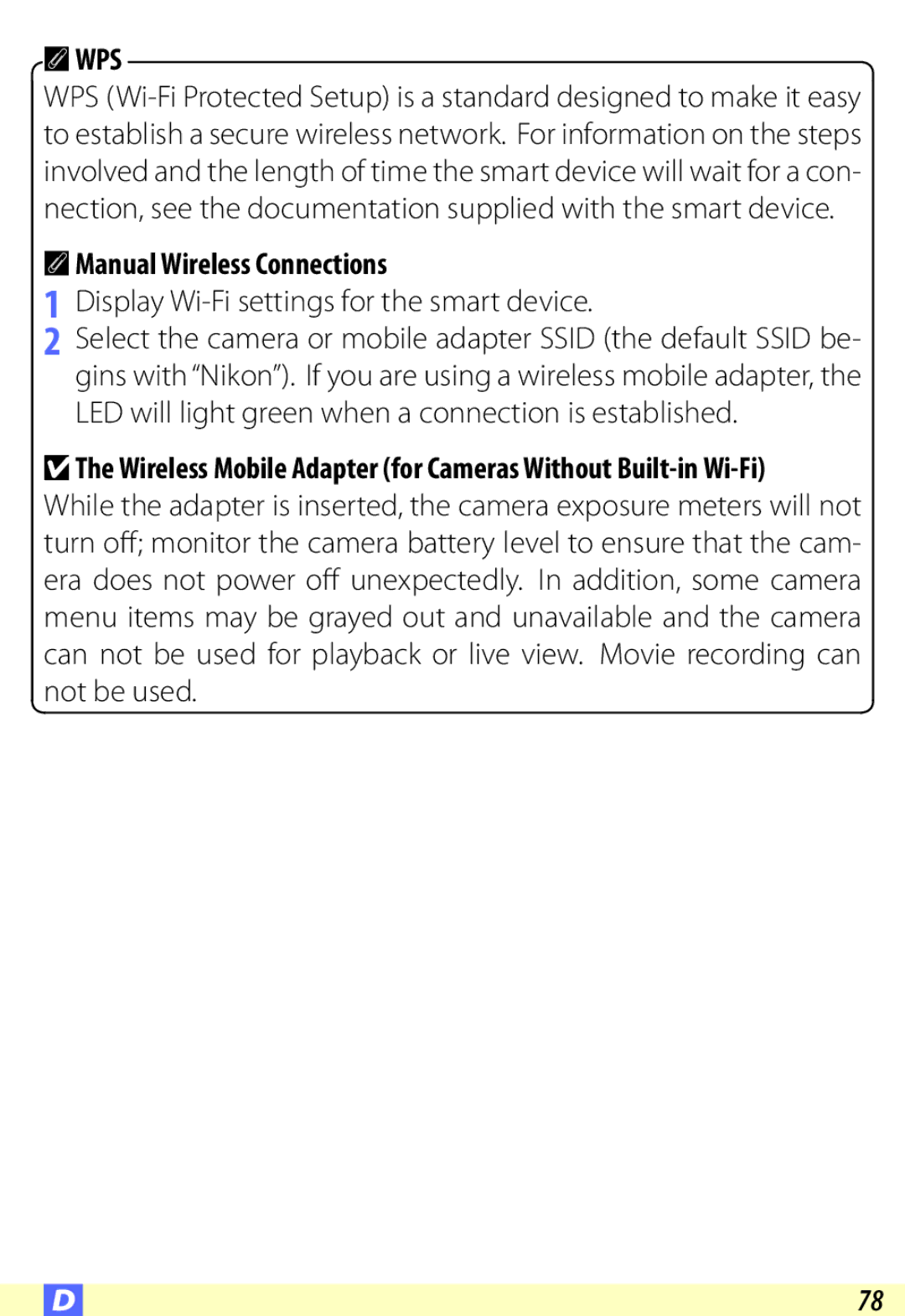 Nikon D600 user manual Display Wi-Fi settings for the smart device 