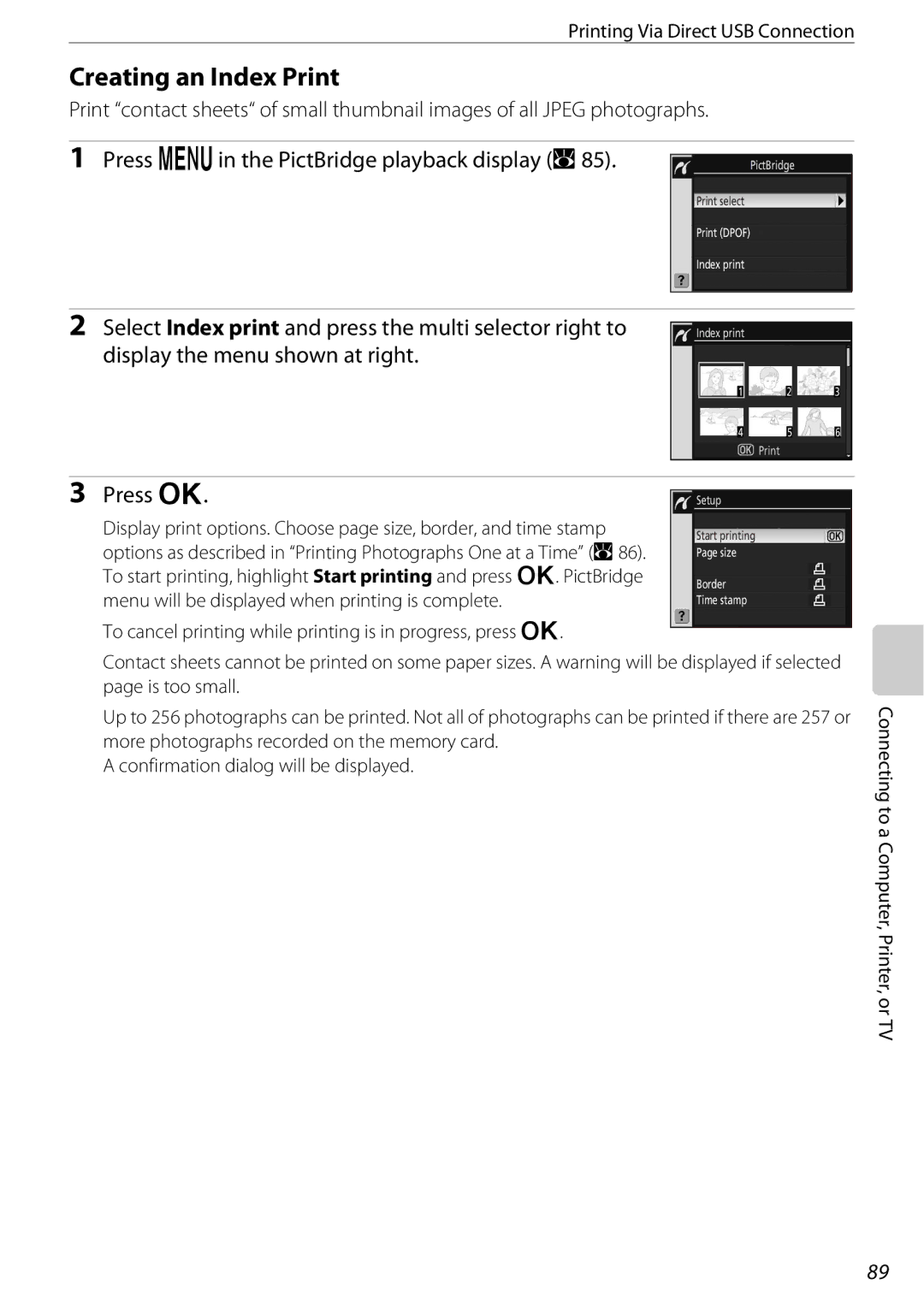 Nikon 25438, D60OUTFIT, D60BODY user manual Creating an Index Print, Press Oin the PictBridge playback display a, Press Q 