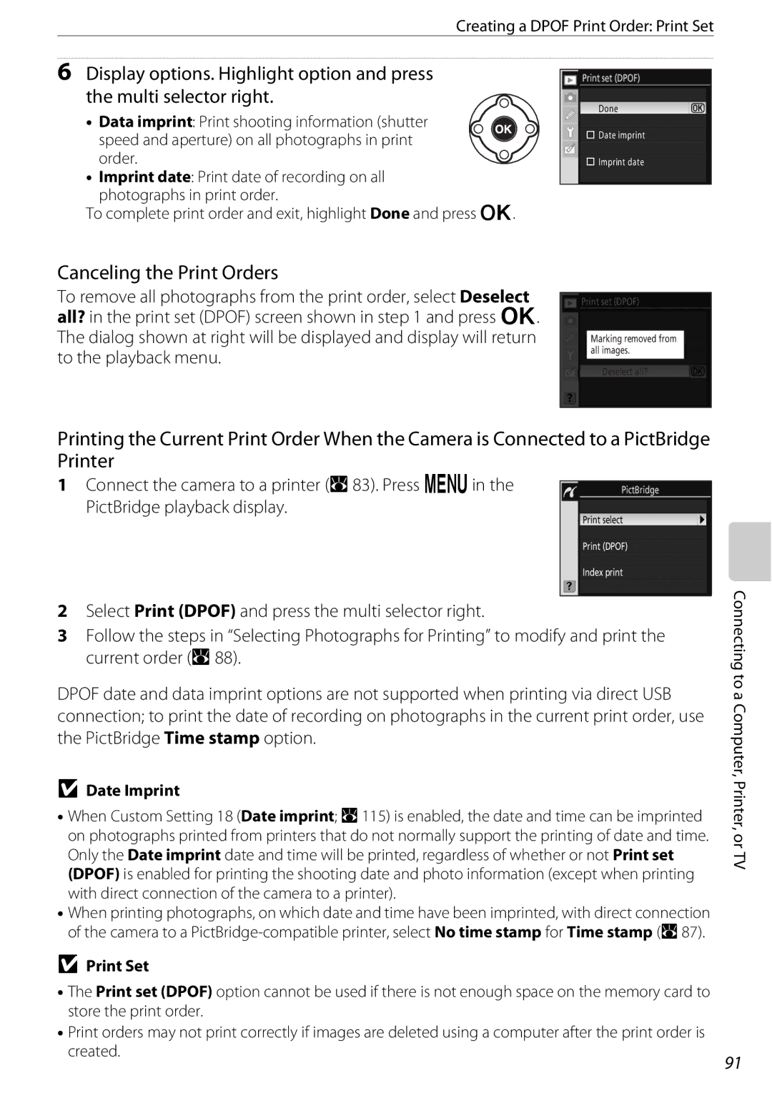 Nikon D60BODY Canceling the Print Orders, Connect the camera to a printer a 83. Press Oin, PictBridge playback display 