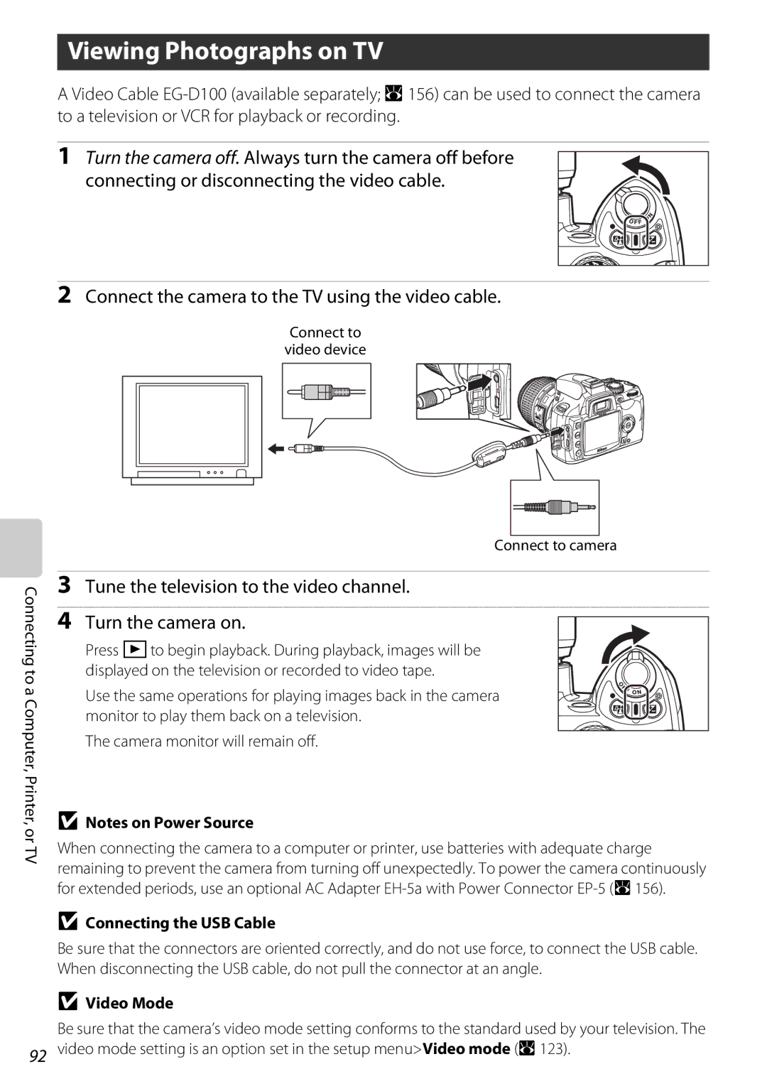 Nikon 25438, D60OUTFIT, D60BODY Viewing Photographs on TV, Connect the camera to the TV using the video cable, Video Mode 