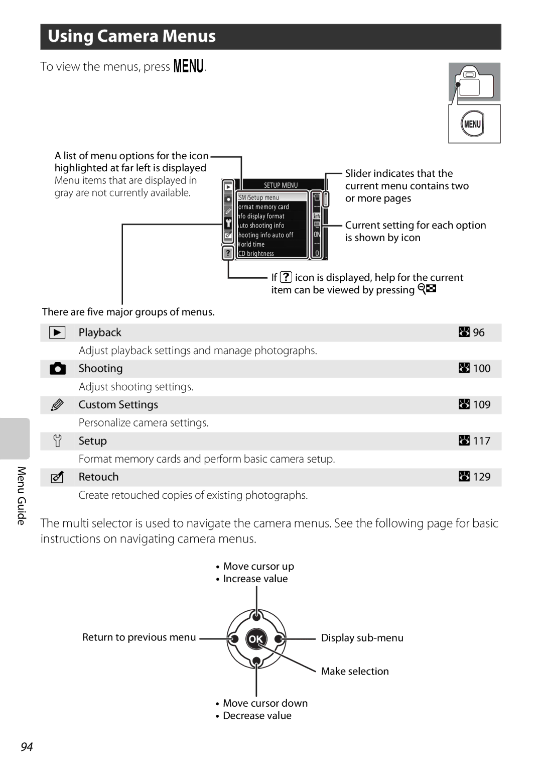 Nikon D60BODY, D60OUTFIT, 25438 user manual Using Camera Menus, To view the menus, press O 