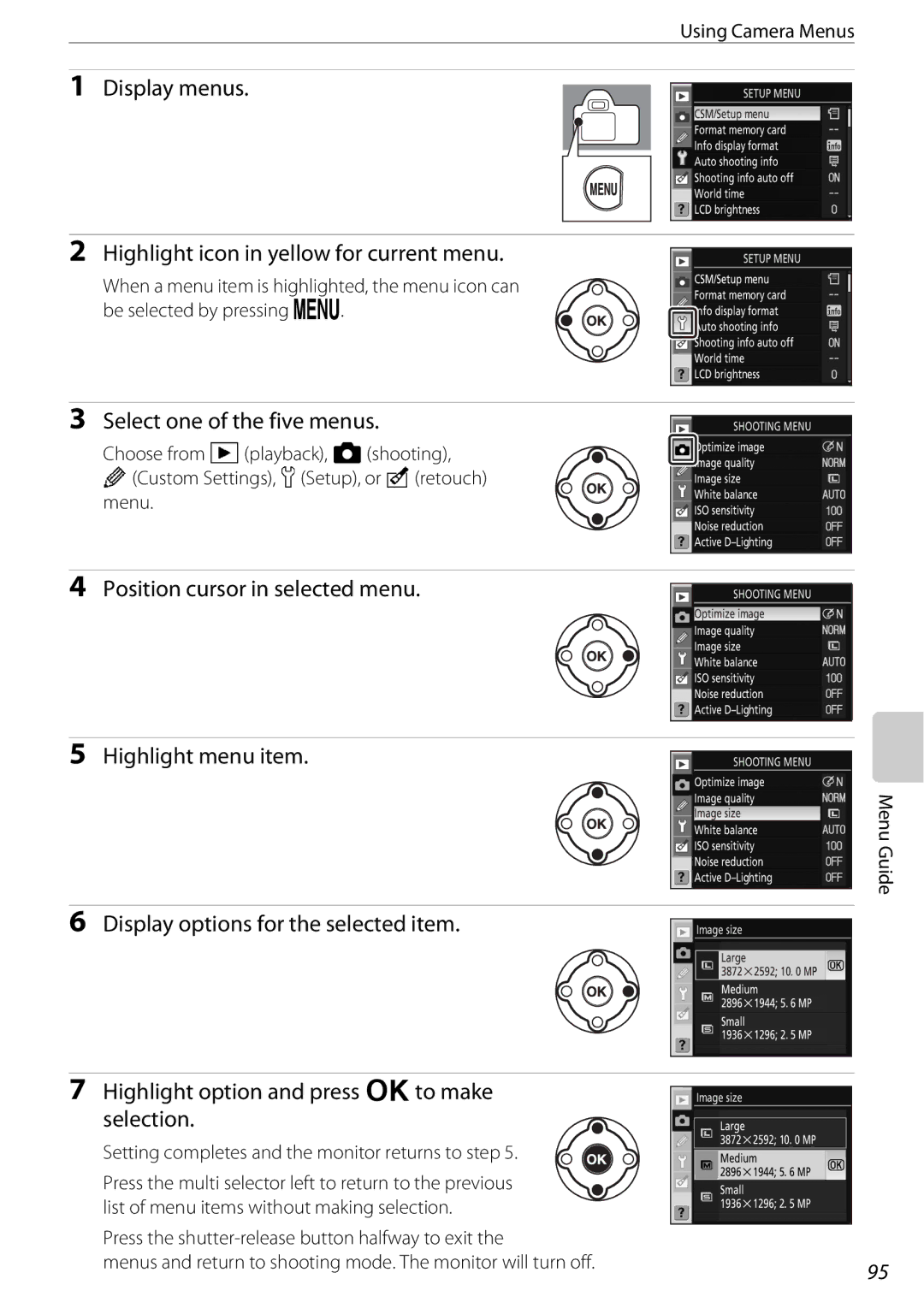 Nikon 25438 Highlight icon in yellow for current menu, Select one of the five menus, Position cursor in selected menu 