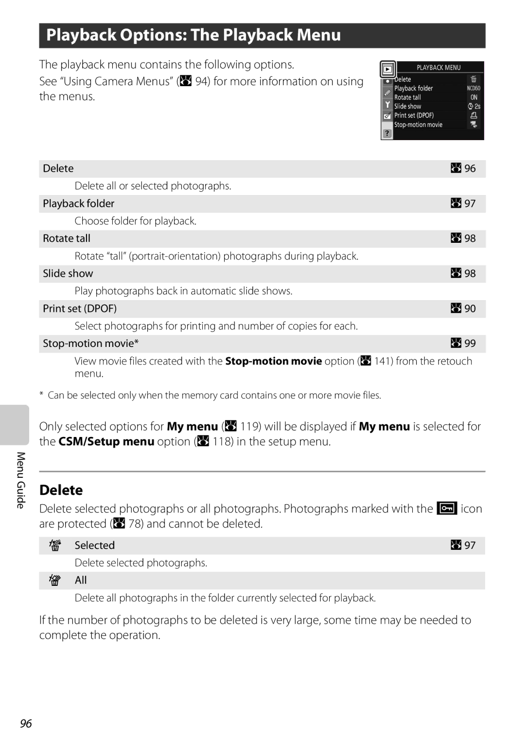 Nikon D60OUTFIT, D60BODY Playback Options The Playback Menu, Delete, Playback menu contains the following options, Menus 