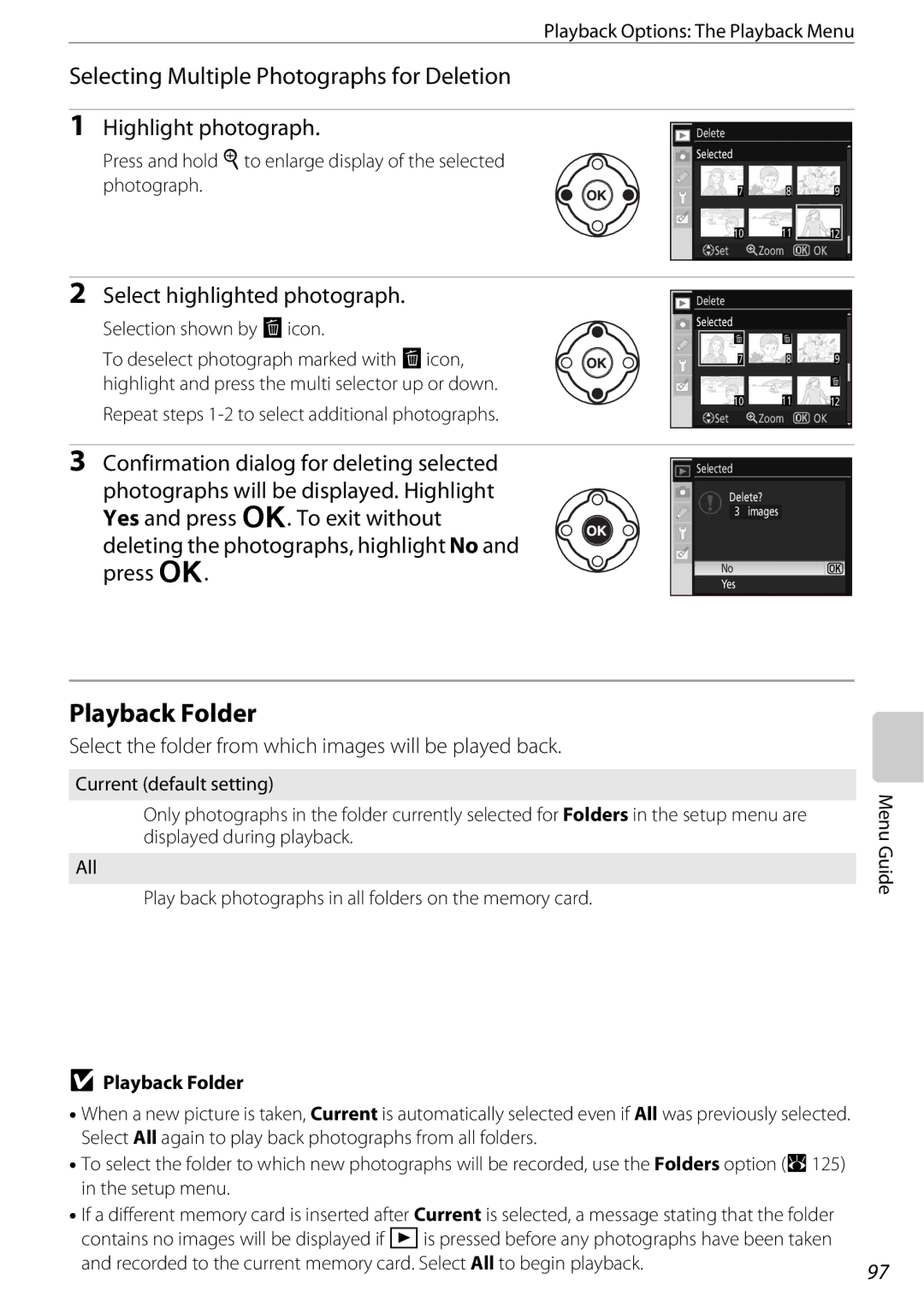 Nikon D60BODY, D60OUTFIT Playback Folder, Selecting Multiple Photographs for Deletion, Playback Options The Playback Menu 