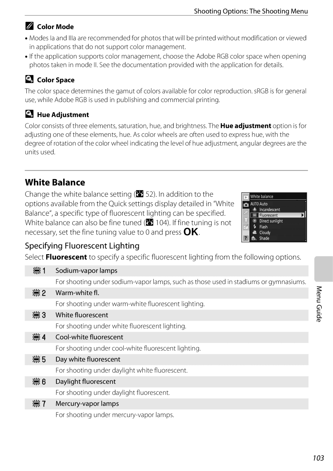 Nikon D60BODY, D60OUTFIT, 25438 user manual White Balance, Specifying Fluorescent Lighting, 103 