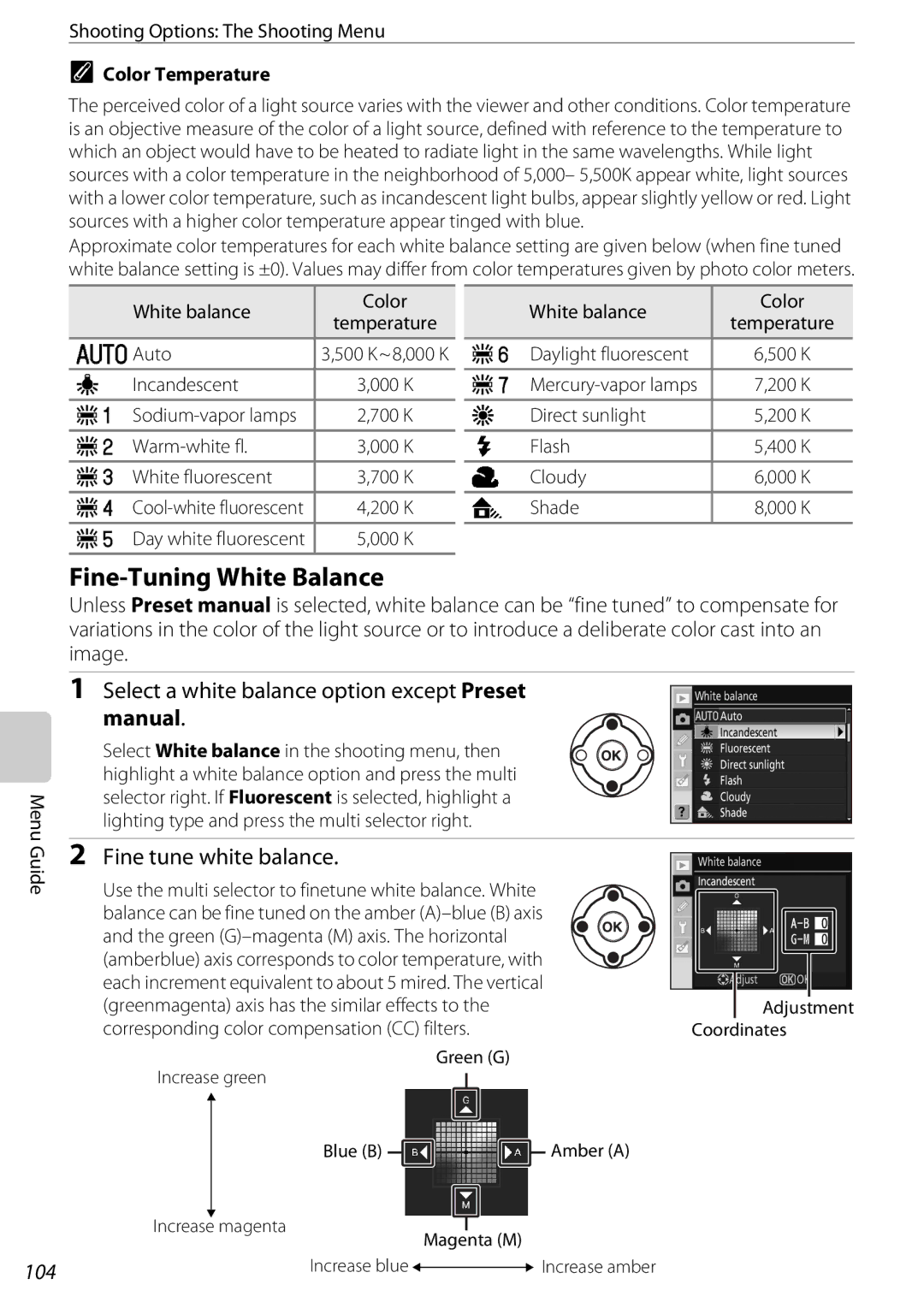 Nikon 25438, D60OUTFIT, D60BODY user manual Fine-Tuning White Balance, Fine tune white balance, Color Temperature 