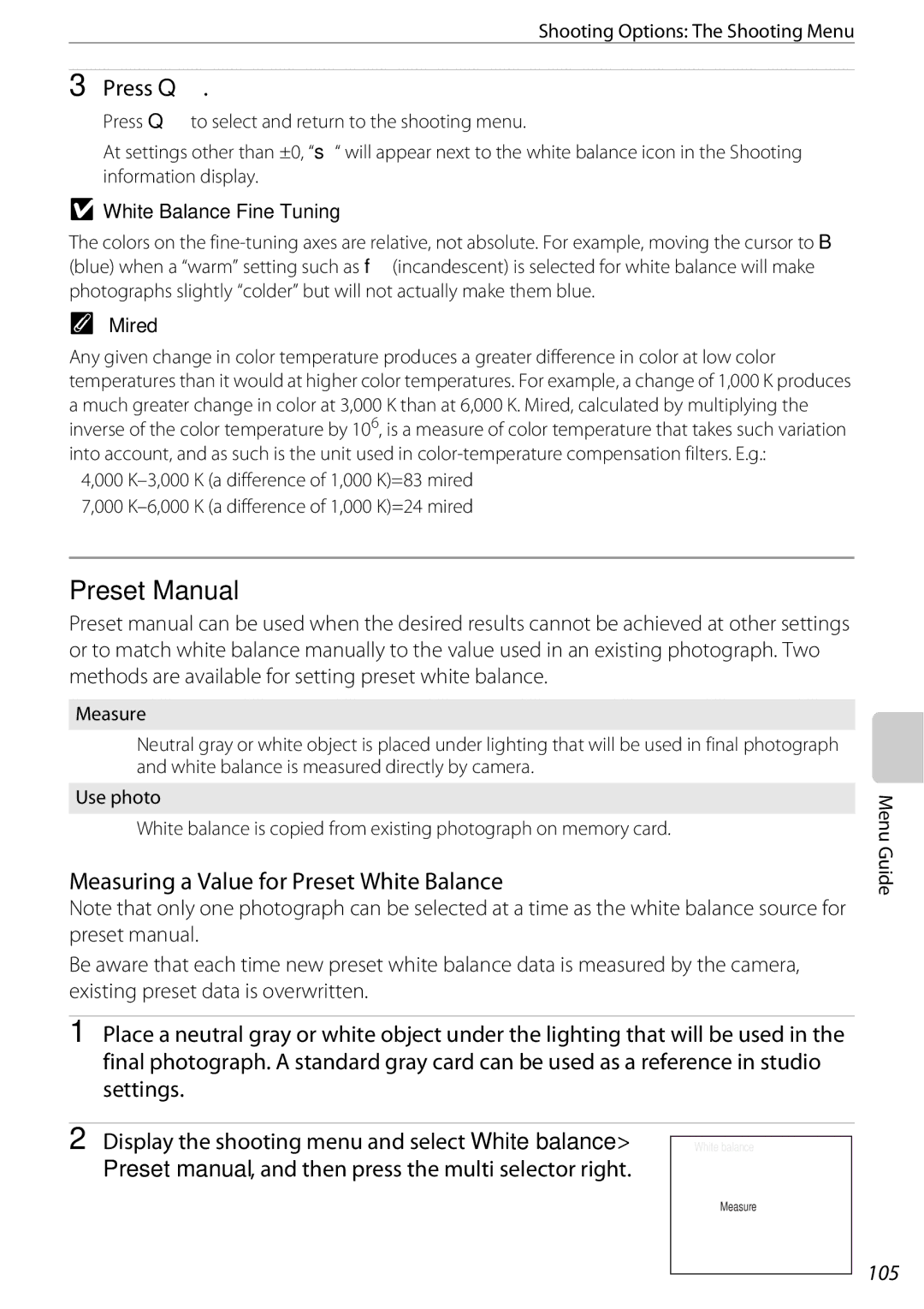 Nikon D60OUTFIT, D60BODY Preset Manual, Measuring a Value for Preset White Balance, 105, White Balance Fine Tuning, Mired 