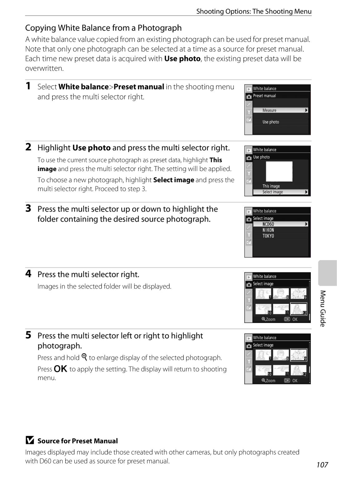 Nikon 25438, D60OUTFIT, D60BODY user manual Copying White Balance from a Photograph, 107, Source for Preset Manual 