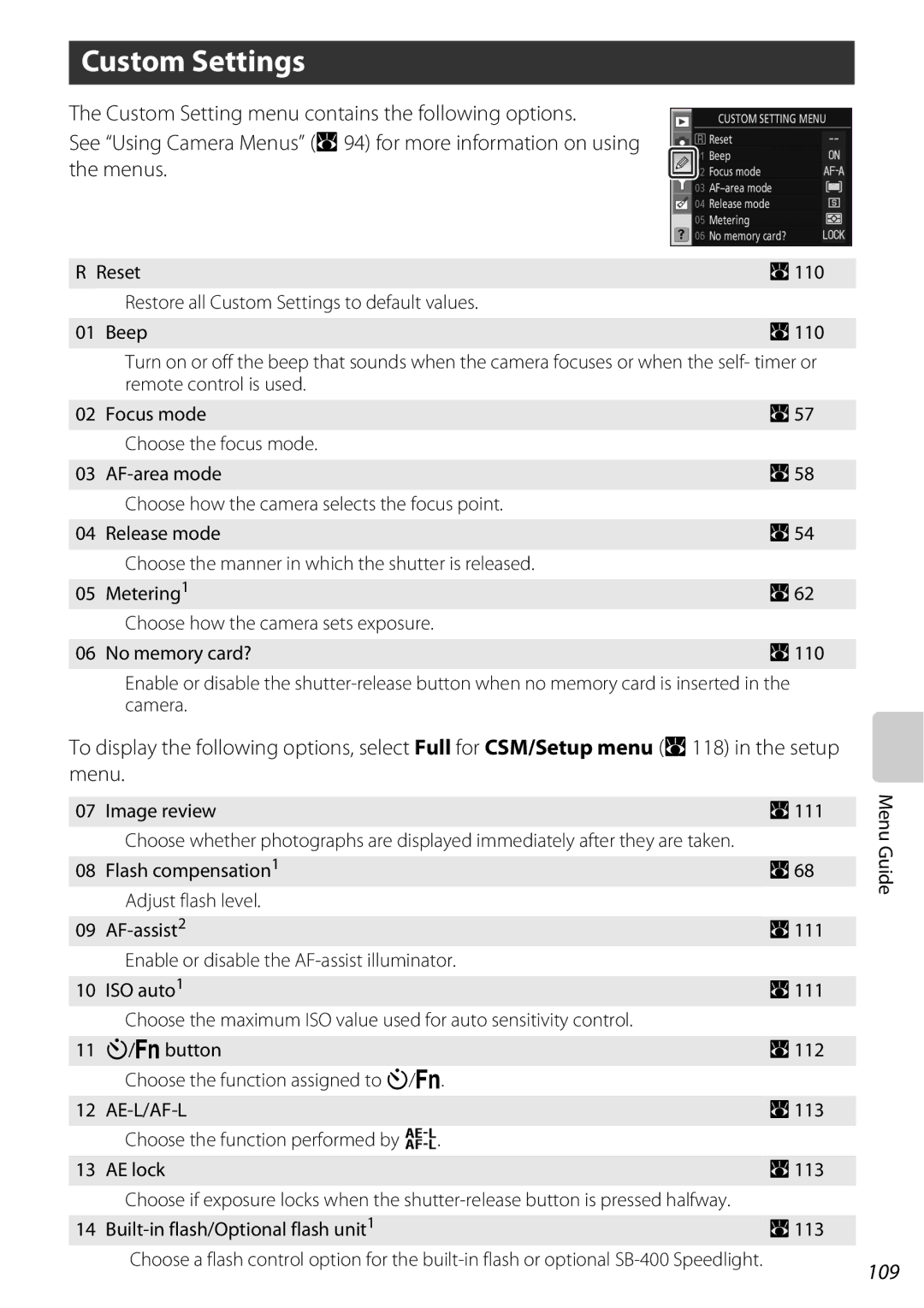 Nikon D60BODY, D60OUTFIT Custom Settings, 109, Image review A111, Choose the function performed by H AE lock A113 