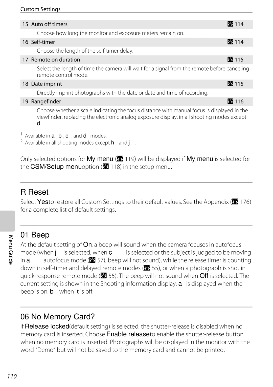 Nikon 25438, D60OUTFIT, D60BODY user manual Reset, Beep, No Memory Card?, 110 