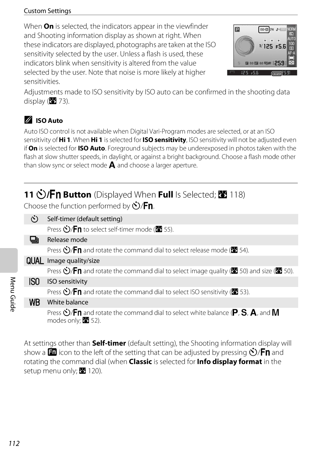 Nikon D60BODY, D60OUTFIT, 25438 user manual Choose the function performed by F/G, 112 