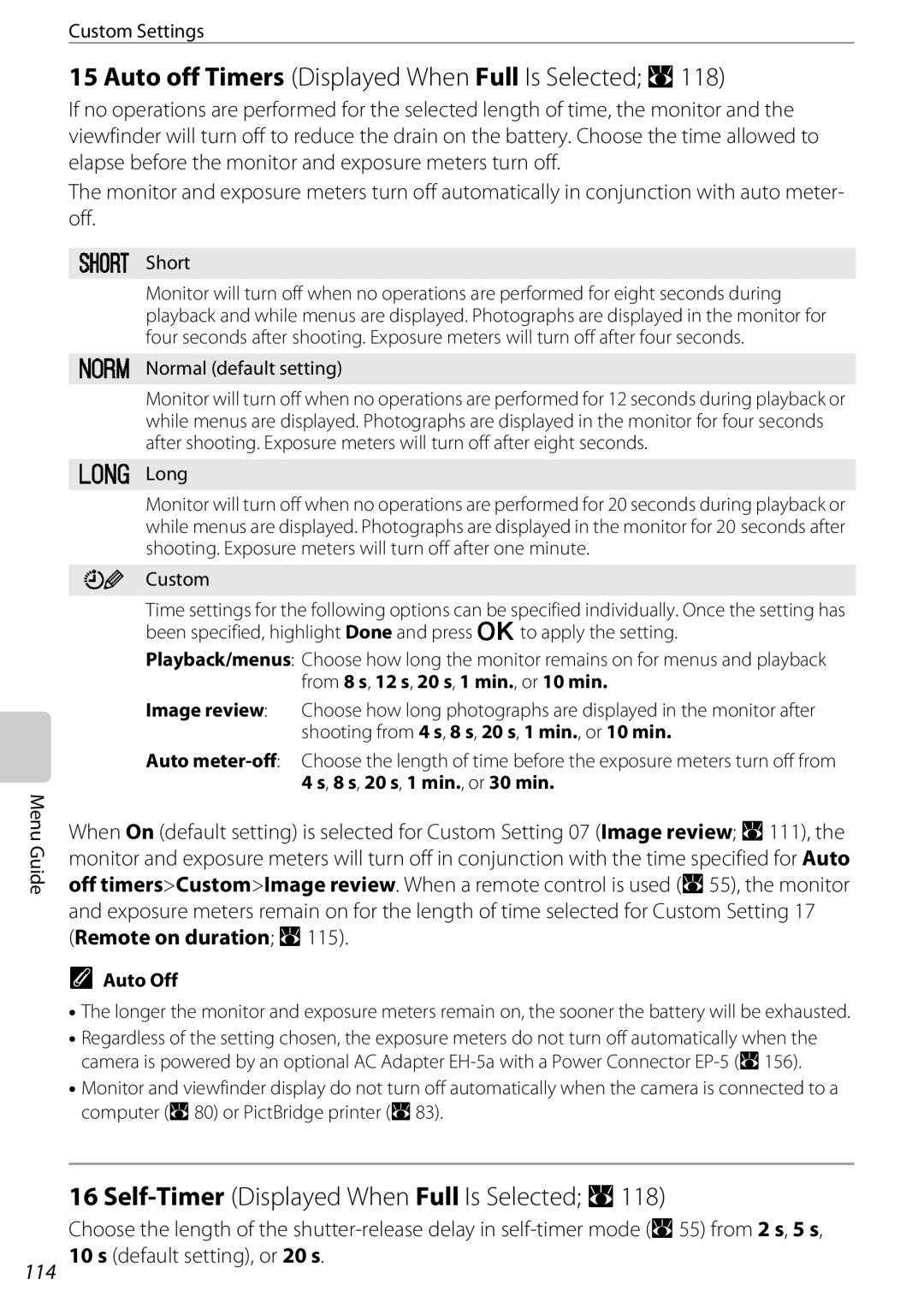 Nikon D60OUTFIT, D60BODY, 25438 user manual Menu Guide Custom Settings, Short, Normal default setting, Long, Auto Off 