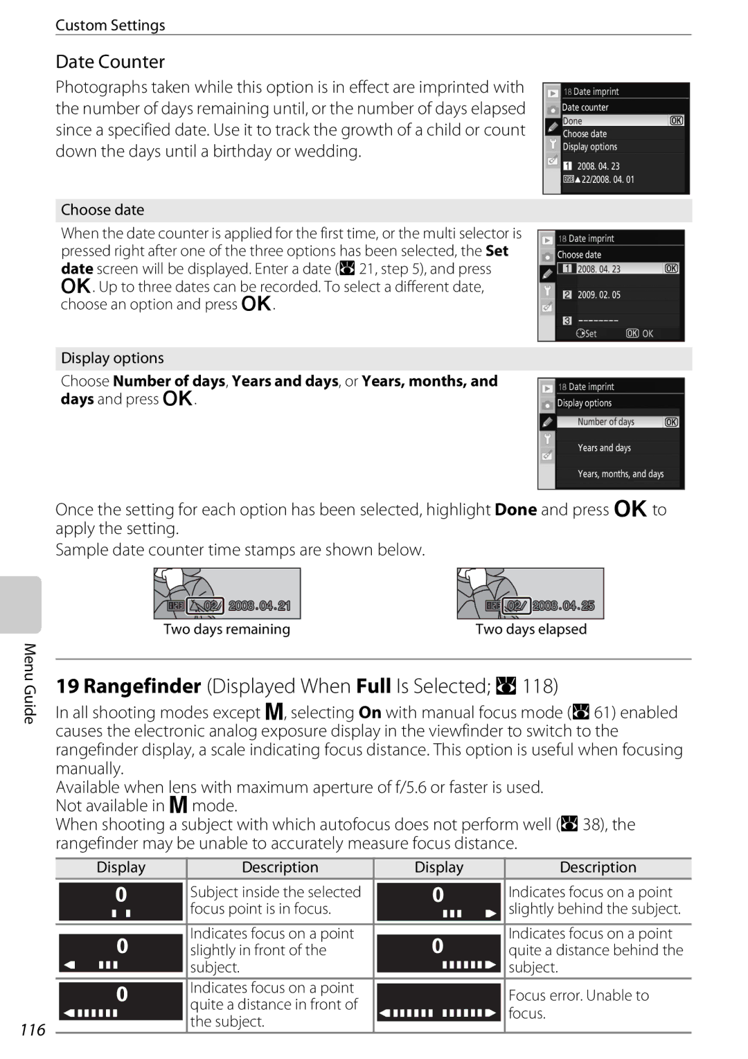 Nikon 25438, D60OUTFIT, D60BODY user manual Date Counter 