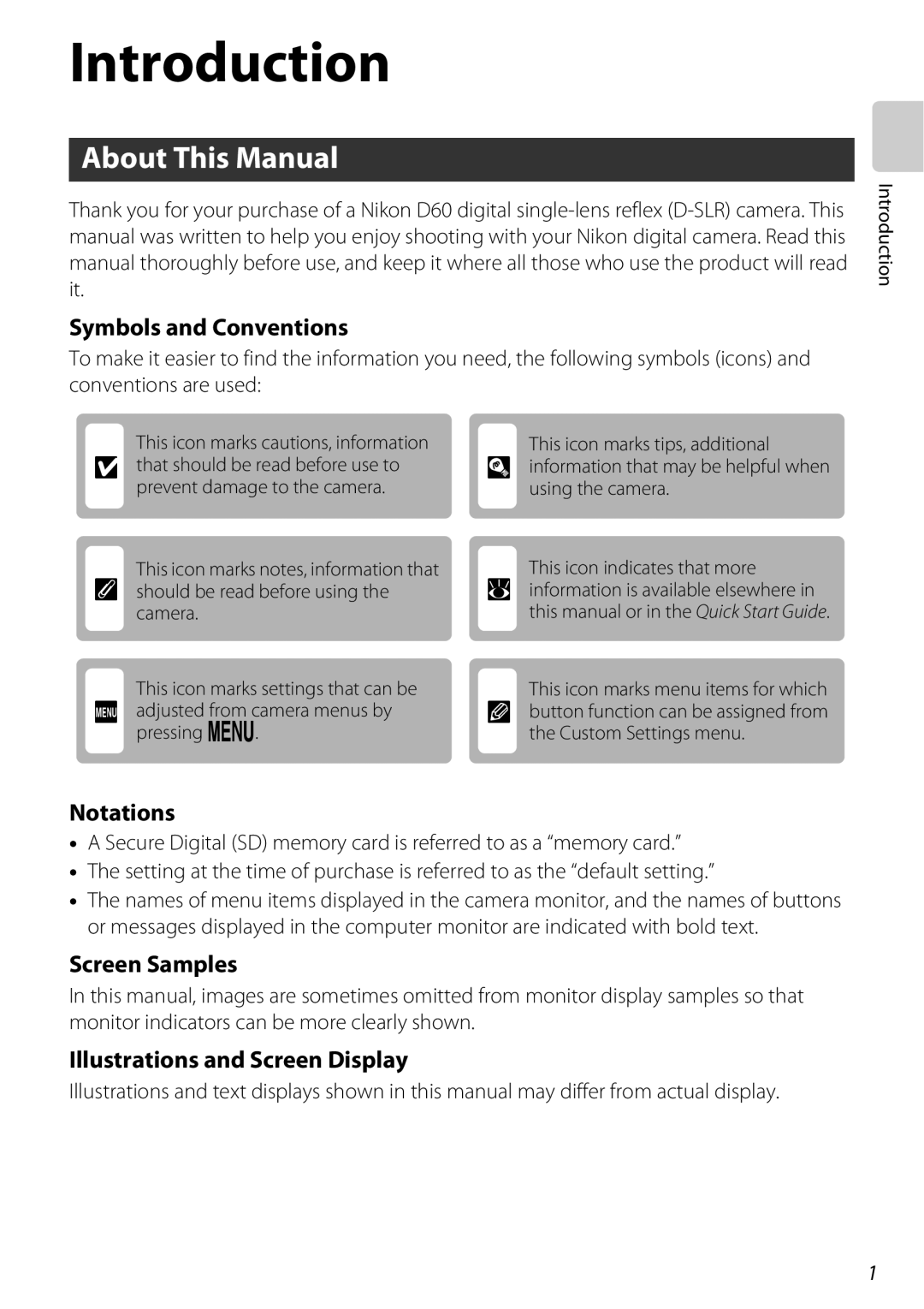 Nikon D60BODY, D60OUTFIT, 25438 user manual About This Manual, Introduction This icon marks cautions, information 