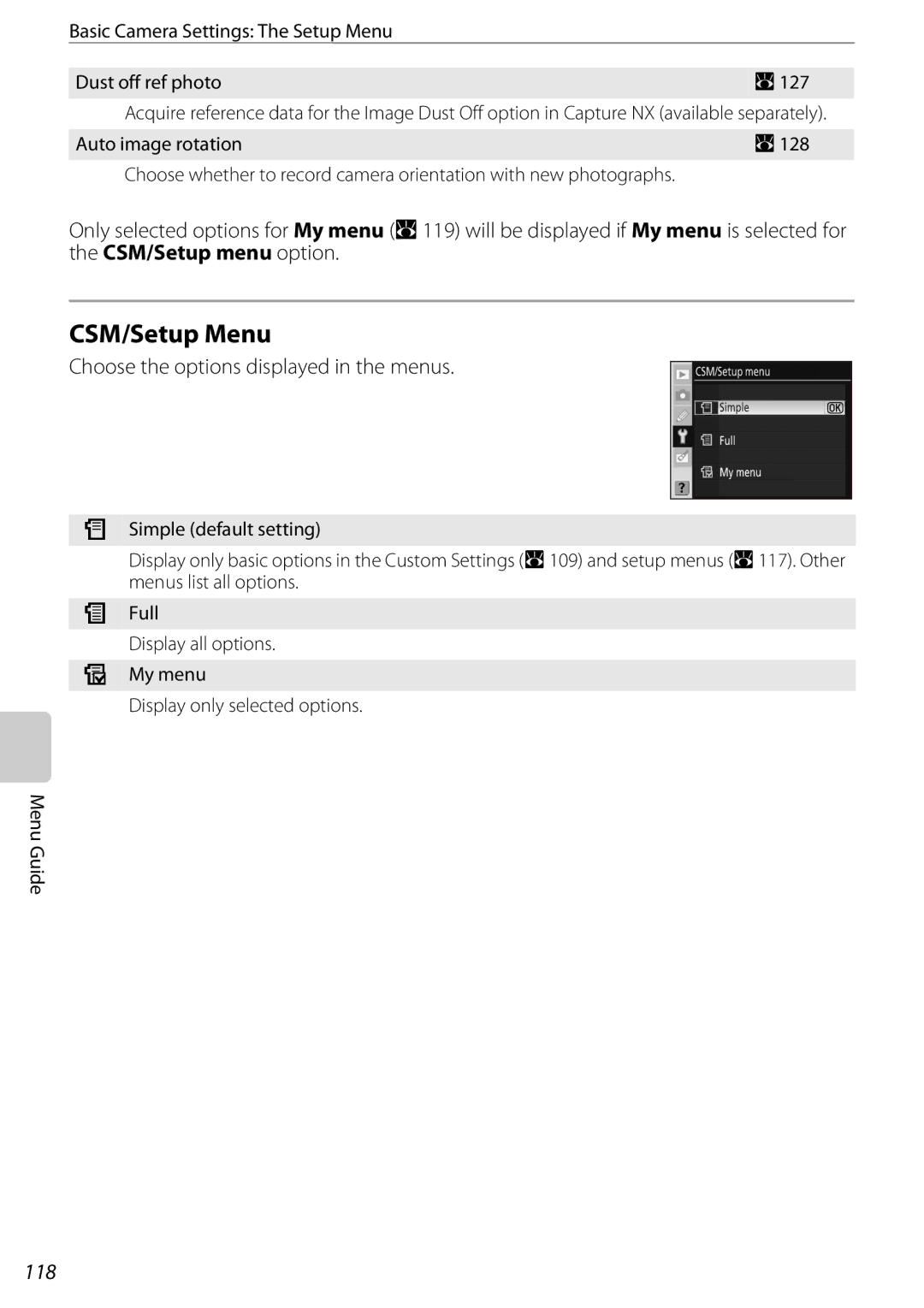 Nikon D60BODY, D60OUTFIT, 25438 user manual CSM/Setup Menu, Choose the options displayed in the menus, 118 