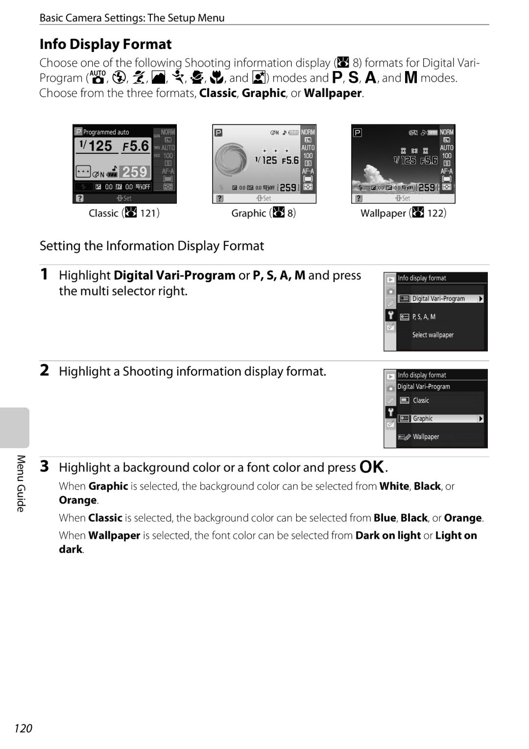 Nikon D60OUTFIT, D60BODY, 25438 user manual Info Display Format, Setting the Information Display Format, 120 