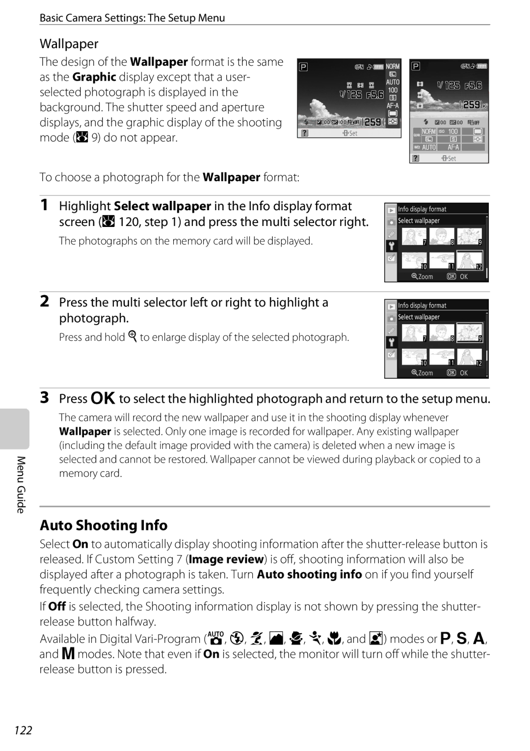 Nikon 25438, D60OUTFIT, D60BODY user manual Auto Shooting Info, To choose a photograph for the Wallpaper format, 122 