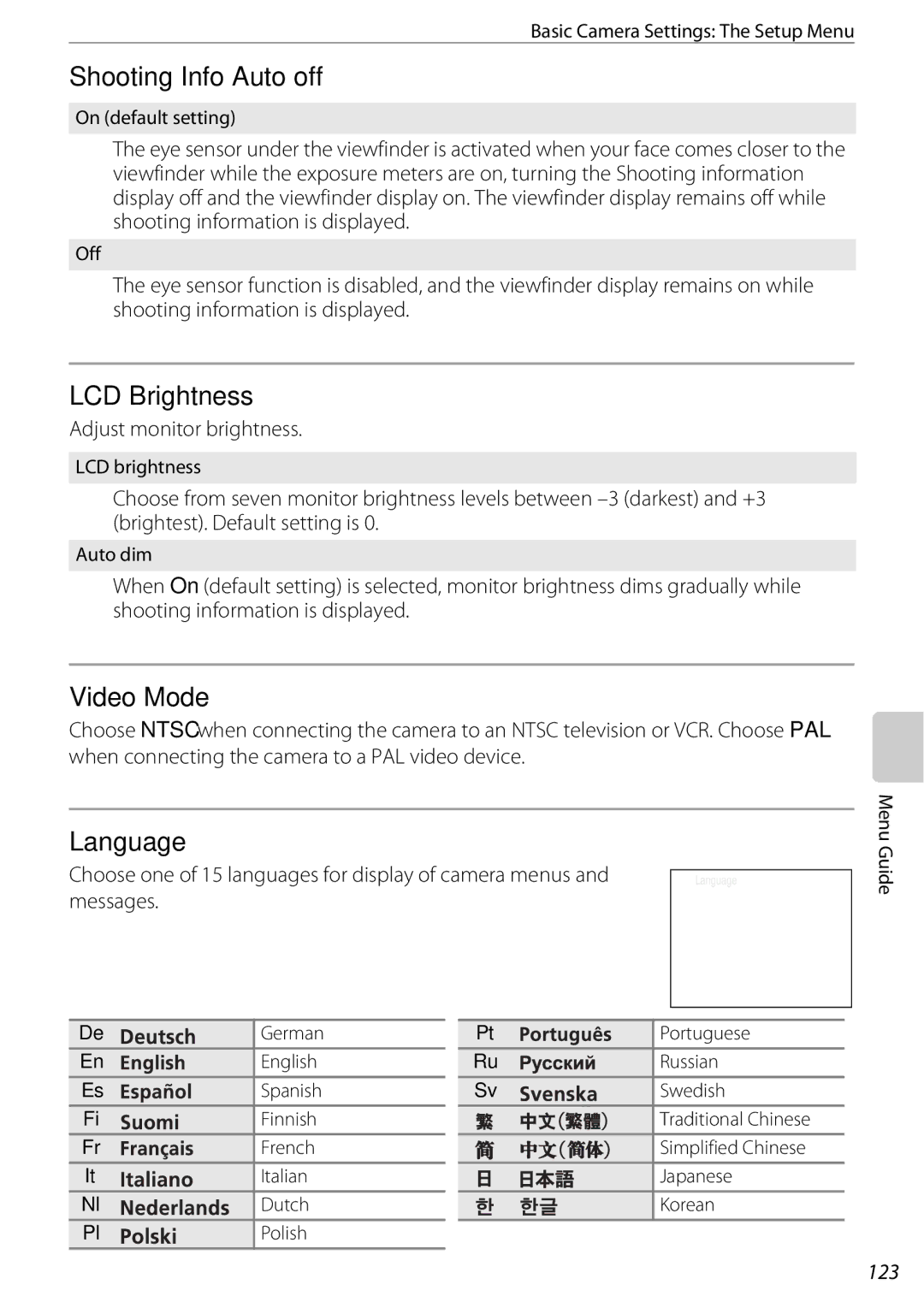 Nikon D60OUTFIT, D60BODY, 25438 user manual Shooting Info Auto off, LCD Brightness, Video Mode, Language, 123 