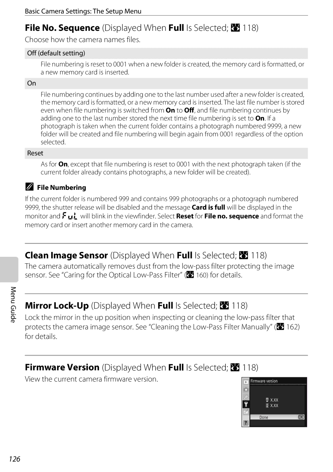 Nikon D60OUTFIT, D60BODY Choose how the camera names files, View the current camera firmware version, 126, File Numbering 