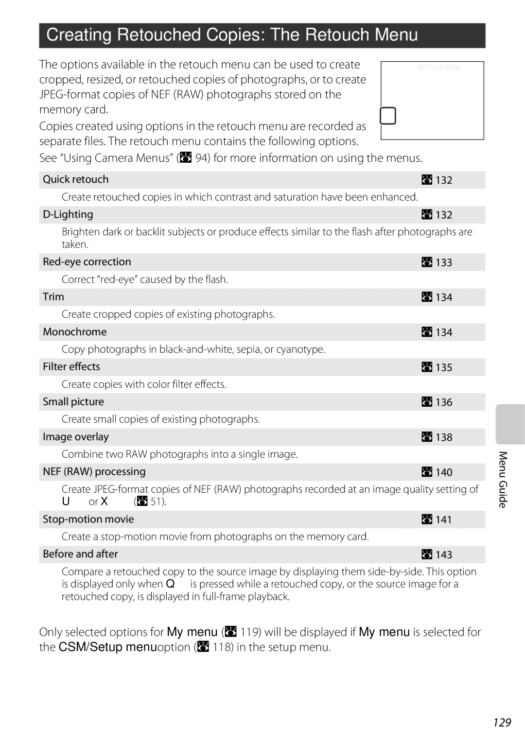 Nikon D60OUTFIT, D60BODY, 25438 user manual Creating Retouched Copies The Retouch Menu, 129 