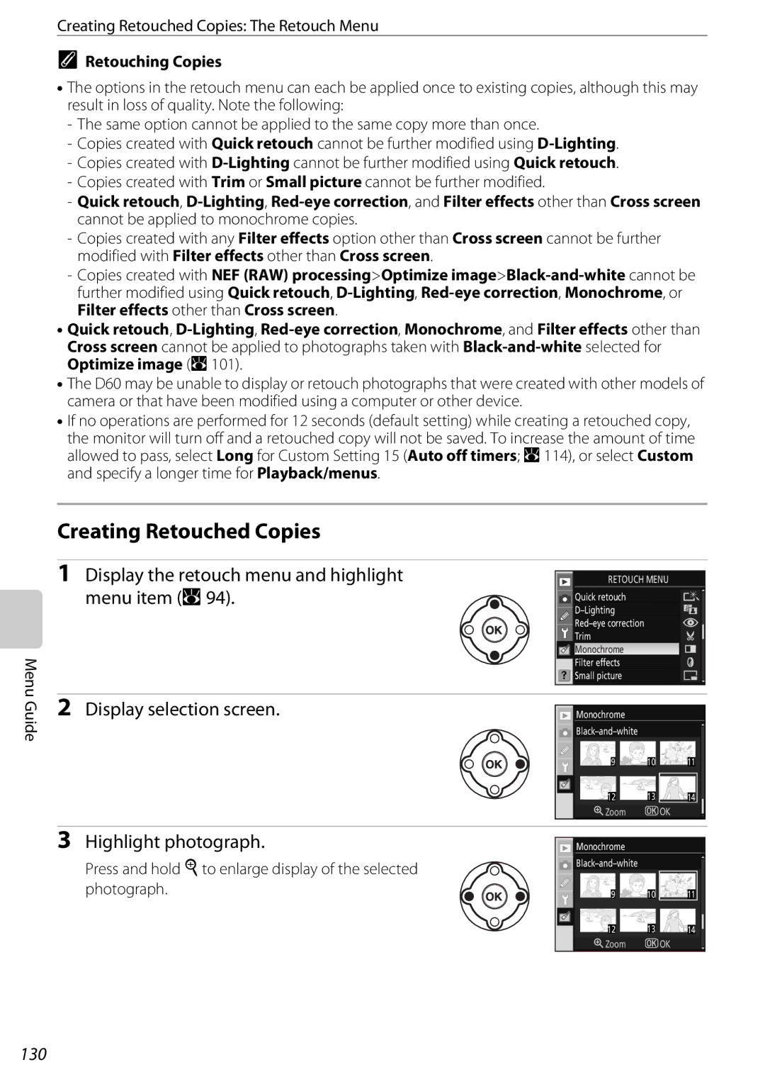 Nikon D60BODY, D60OUTFIT, 25438 user manual 130, Creating Retouched Copies The Retouch Menu, Retouching Copies 