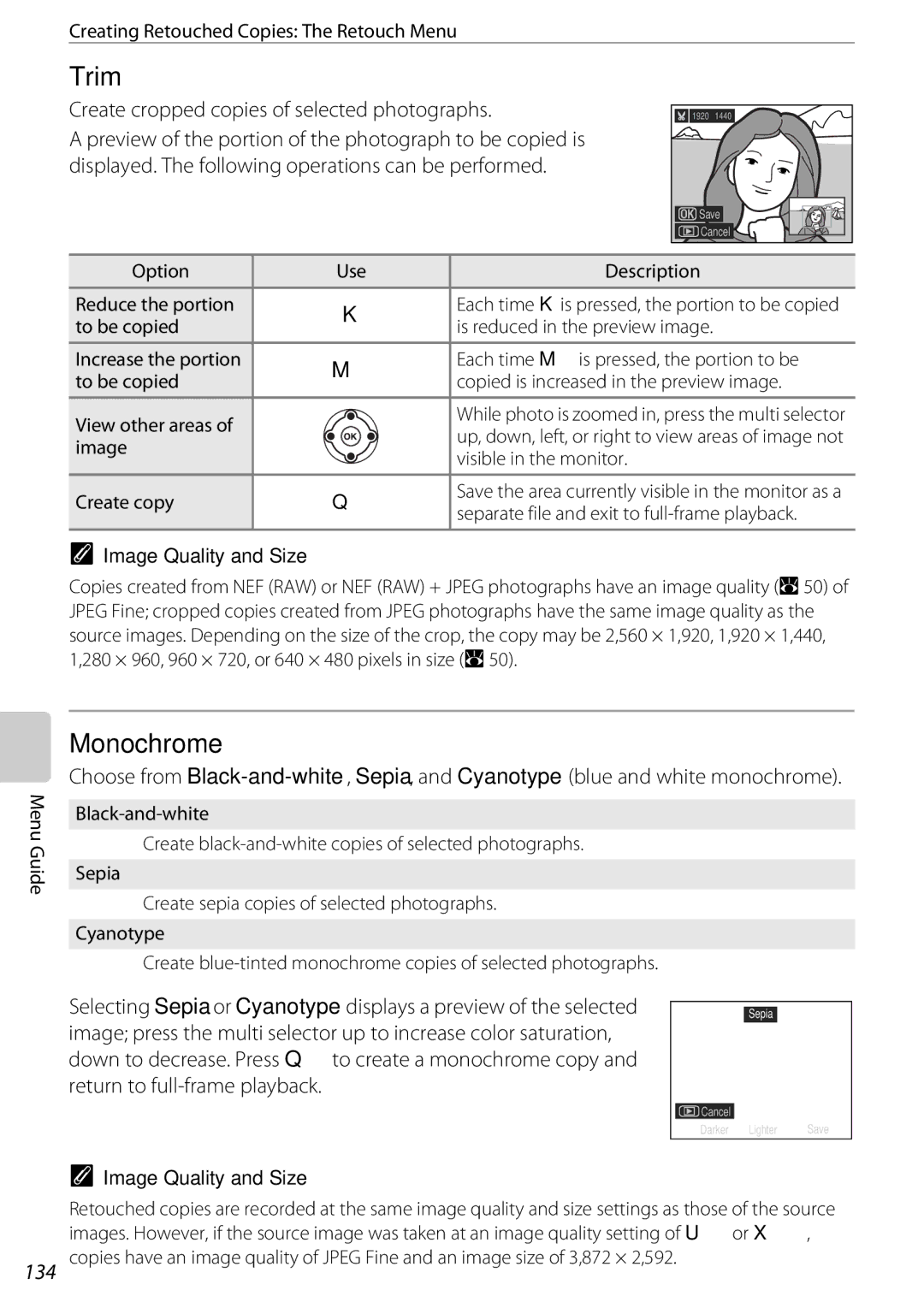 Nikon 25438, D60OUTFIT, D60BODY user manual Trim, Monochrome, Create cropped copies of selected photographs 