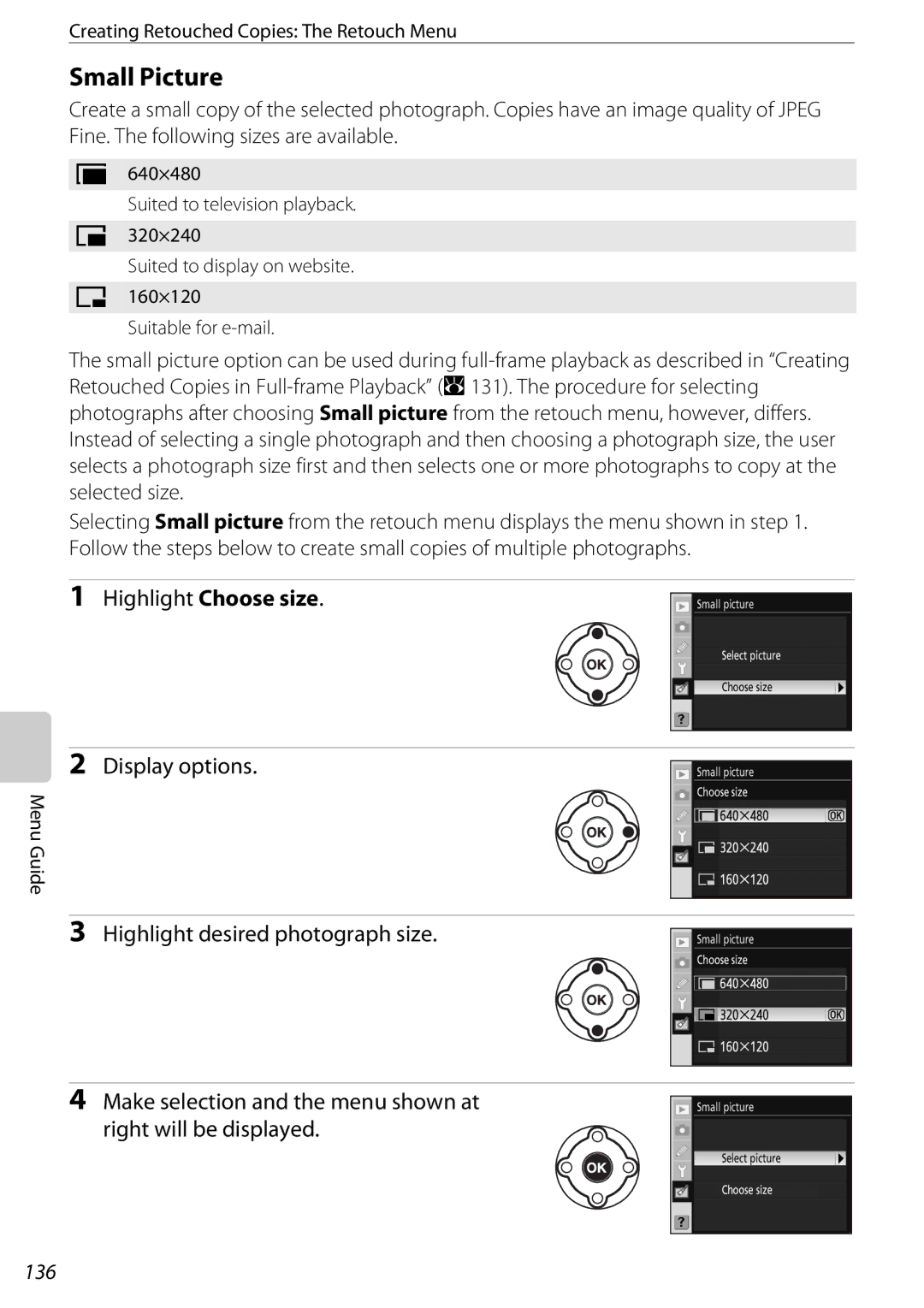 Nikon D60BODY, D60OUTFIT, 25438 user manual Small Picture, Highlight Choose size Display options, 136 