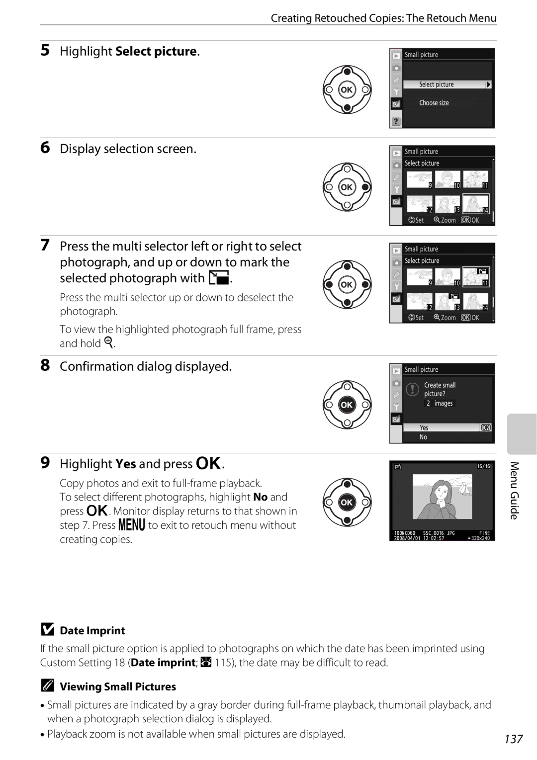 Nikon 25438 Display selection screen, Confirmation dialog displayed, Highlight Yes and press Q, Viewing Small Pictures 