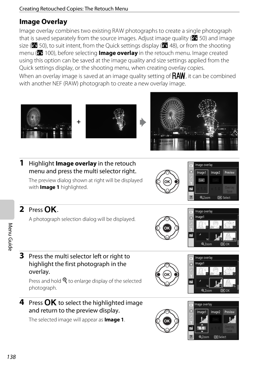 Nikon D60OUTFIT Image Overlay, 138, Photograph selection dialog will be displayed, Selected image will appear as Image 