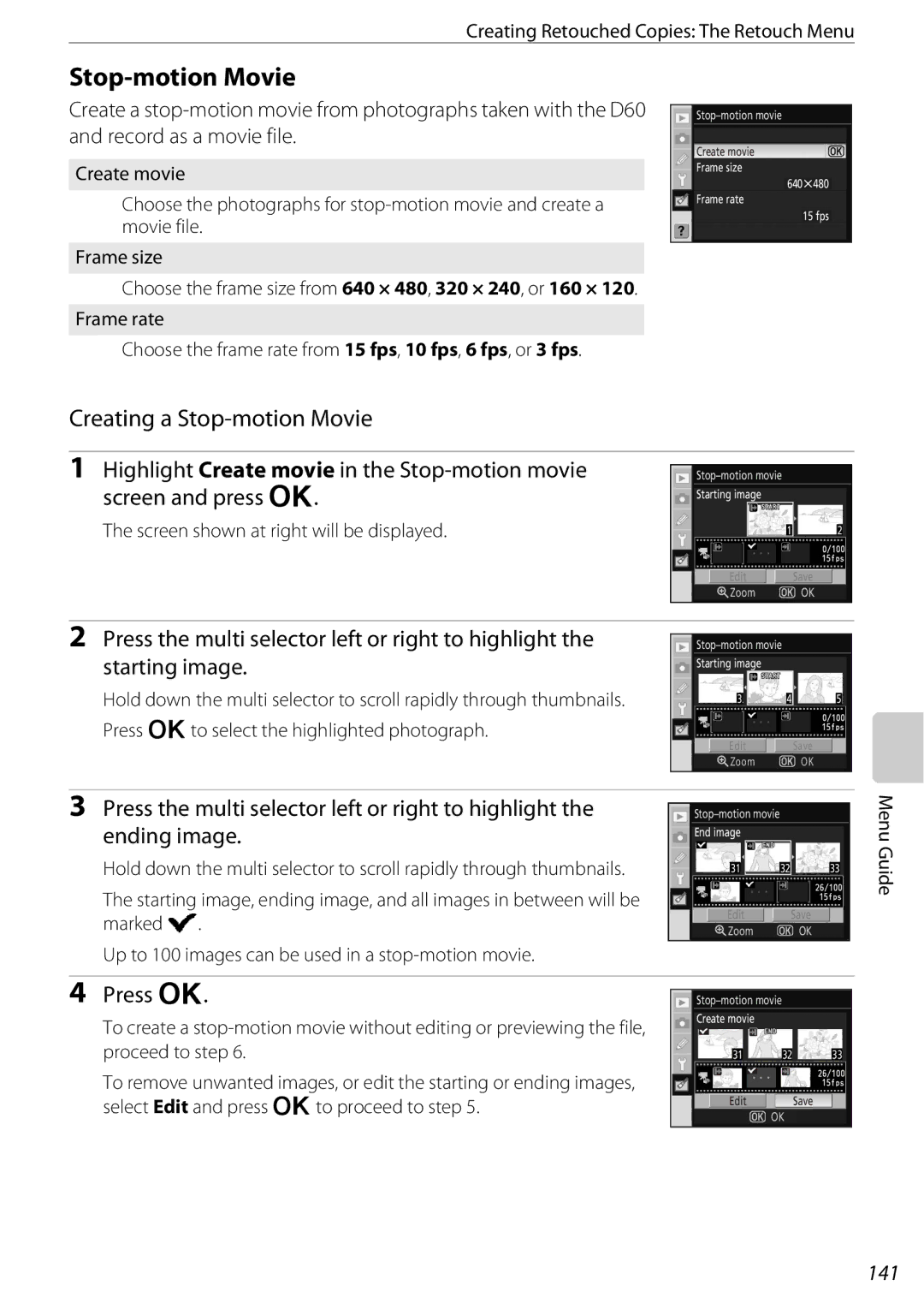 Nikon D60OUTFIT, D60BODY, 25438 user manual Creating a Stop-motion Movie, 141, Screen shown at right will be displayed 