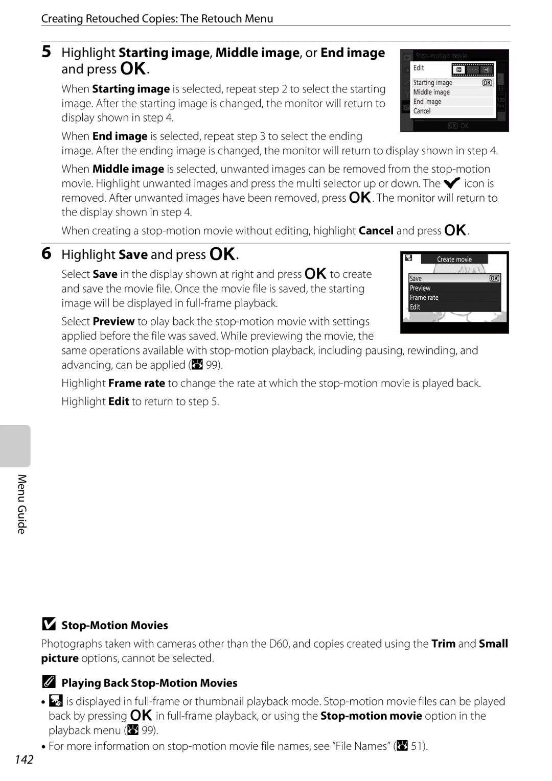 Nikon D60BODY, D60OUTFIT, 25438 Highlight Save and press Q, 142, When End image is selected, repeat to select the ending 