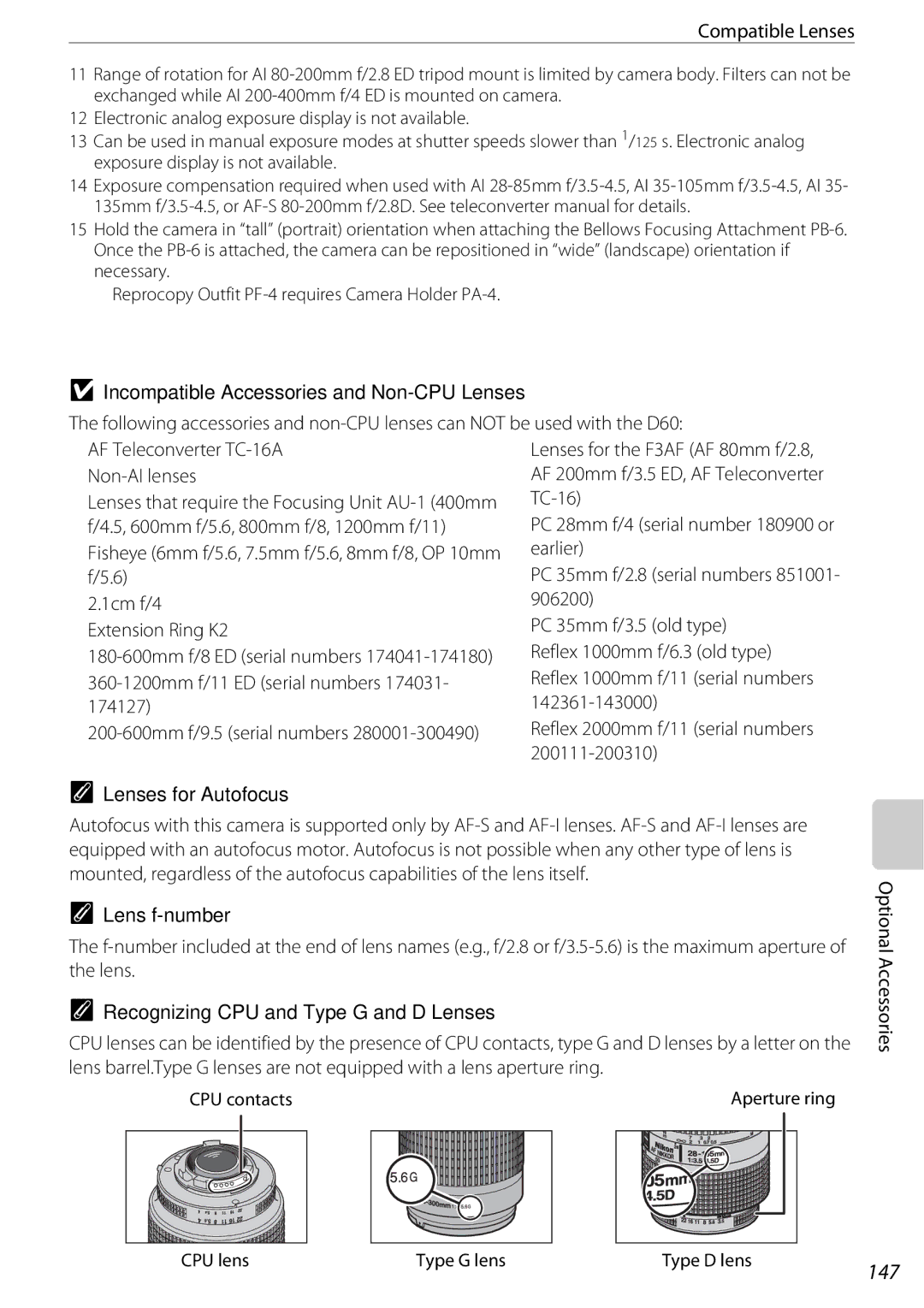 Nikon D60OUTFIT 147, Incompatible Accessories and Non-CPU Lenses, Lens f-number, Recognizing CPU and Type G and D Lenses 